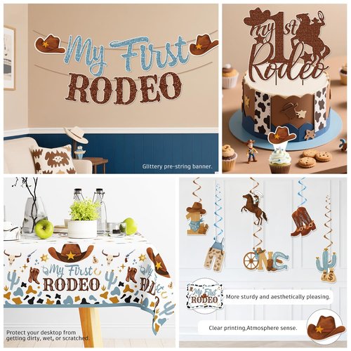 171 PCS My First Rodeo Decorations Boy, First Rodeo Birthday Tableware Set with Cake Topper, Cupcake Topper, Tablecloth, Plates and Balloons for Boy 1st Birthday Decorations