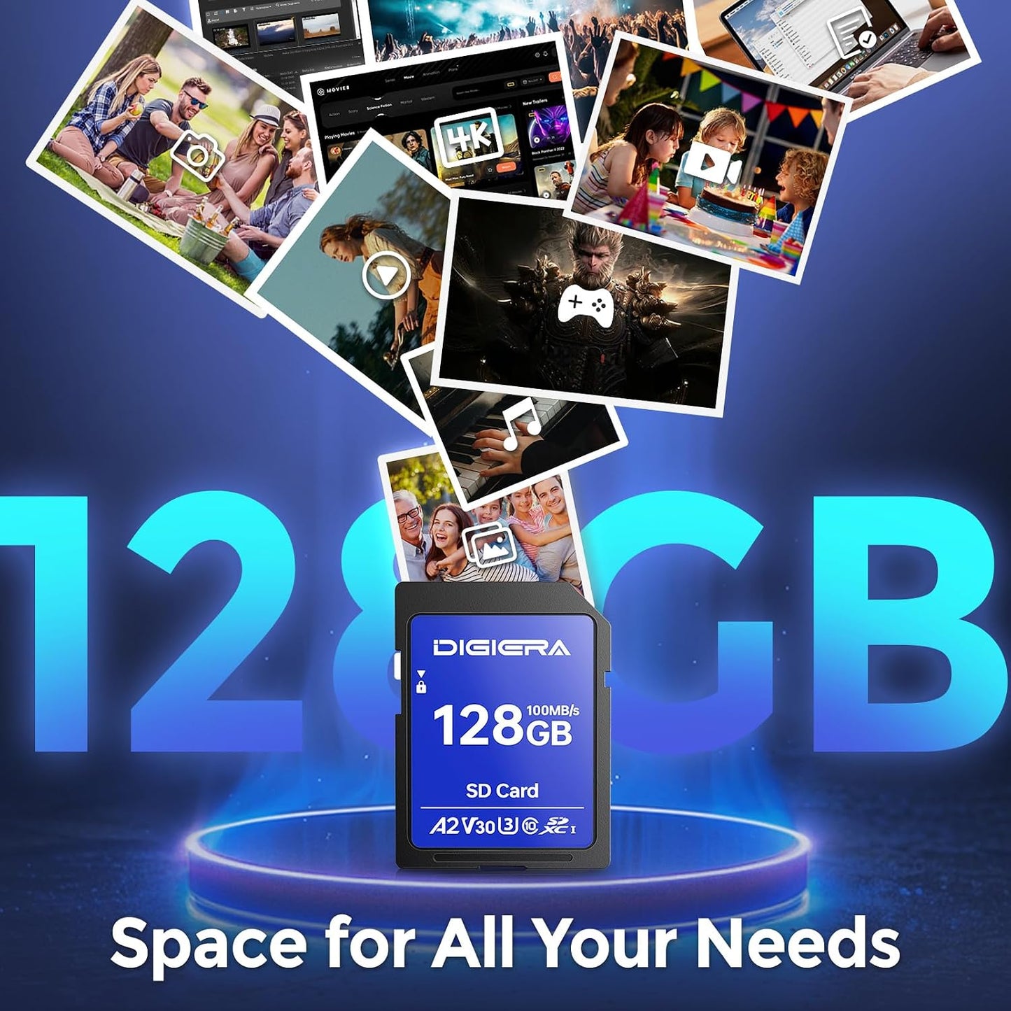 128GB CS100 100MB/s, C10, U3, V30, 4K (1 Pack) DIGIERA SDXC UHS-I Memory Card - up to UHD, SD Card for Computers