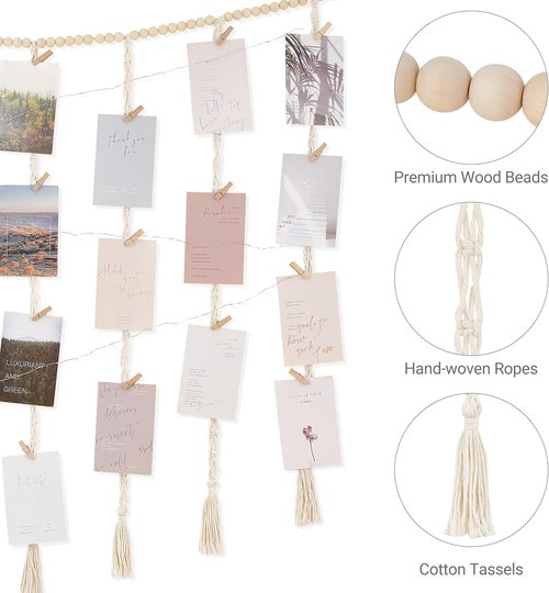 Mkono Macrame Photo Display Wall Decor - Boho String Lights & Wooden Beads | 45 Clip Collage Holder for Bedroom & Living Room