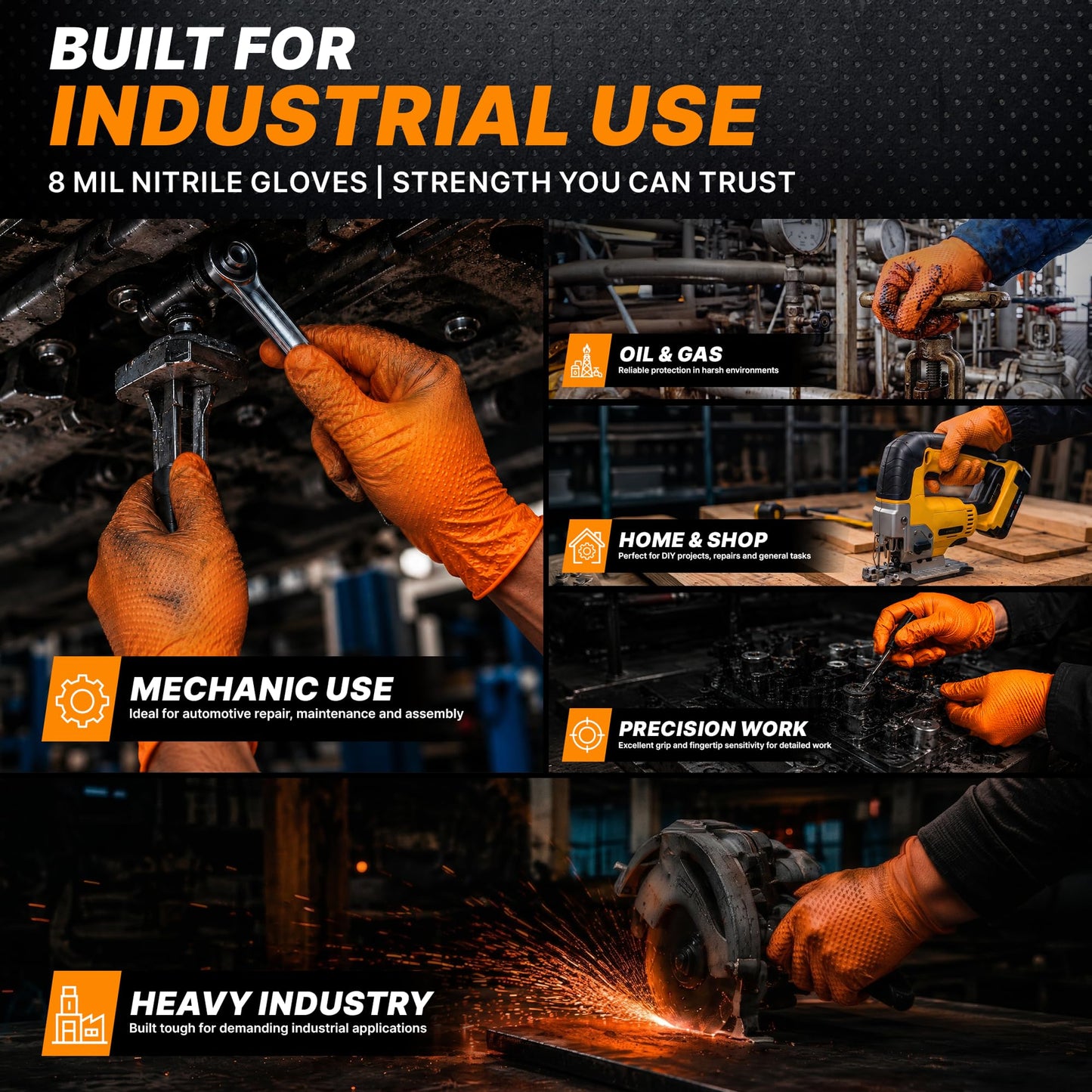 TitanFlex Heavy Duty Industrial Orange Nitrile Gloves, 8-mil, Gloves Disposable Latex Free with Raised Diamond Texture Grip, Powder Free, Rubber Glove, Mechanic Gloves,1000-ct Case (Large)