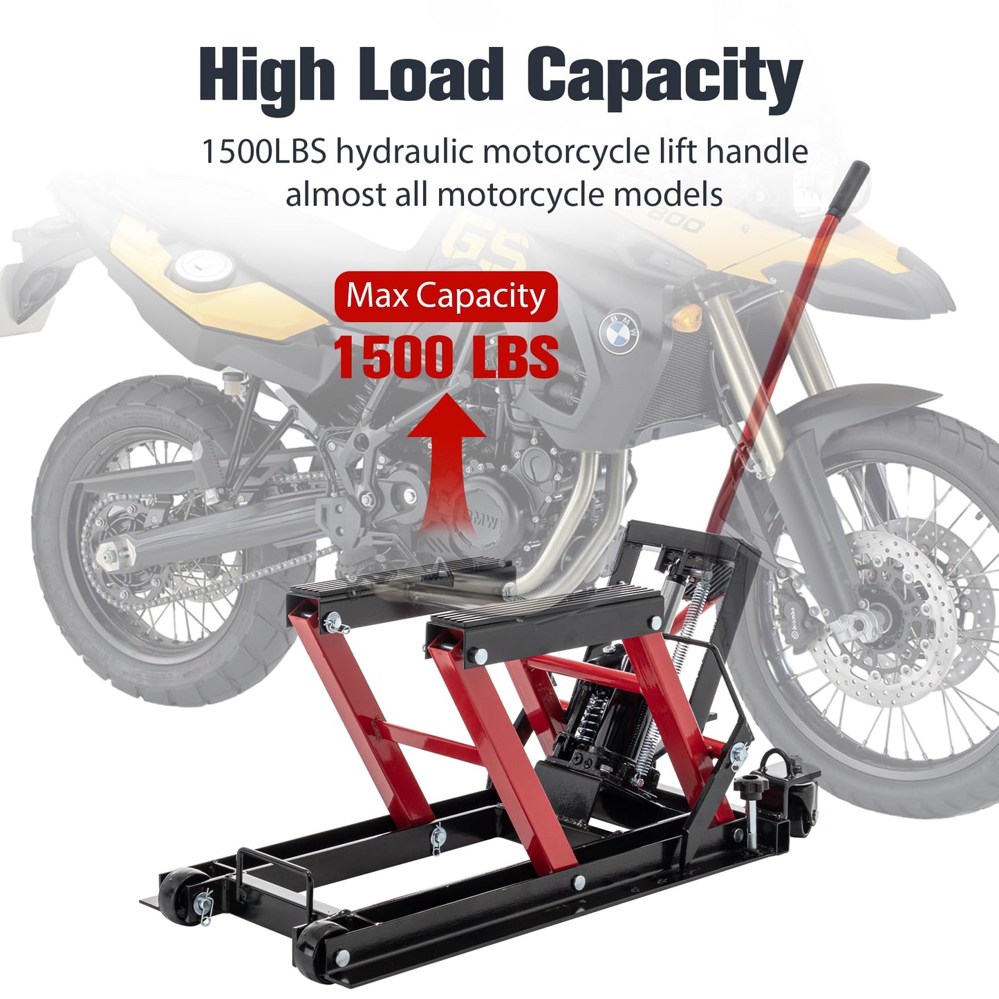 Hydraulic Motorcycle Lift Jack 1500 LBS Capacity, Foot-Operated Motorcycle Scissor Lift Table, 4.5"-15" Adjustable Height, Portable ATV Lift Jack with Wheels & Safety Lock, Red