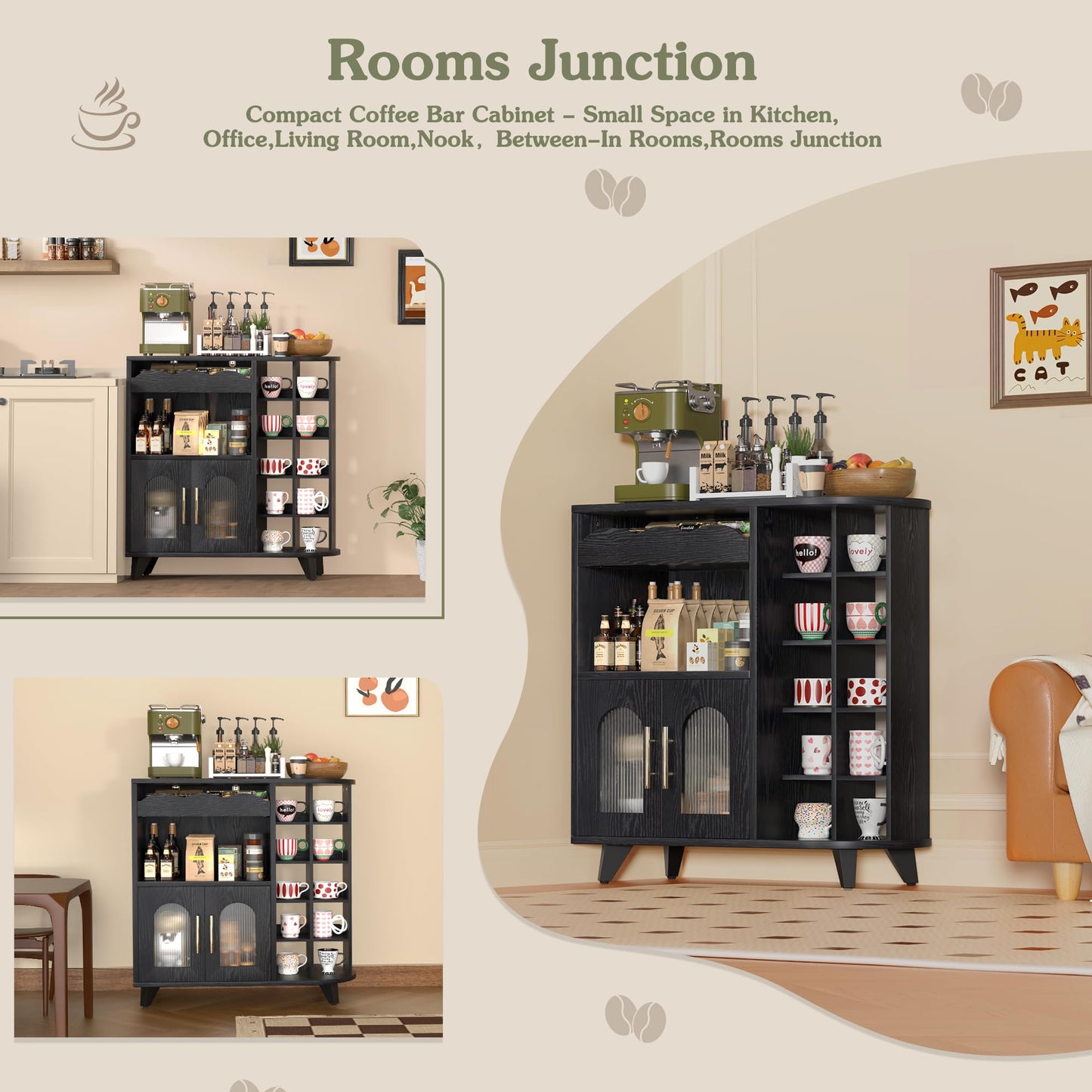 VINAEMO Coffee Bar Cabinet with 24-Cup Display, Large Drawer & Storage,Modern Buffet Sideboard for Kitchen, Medium Wooden Bar Station for Apartment，Black