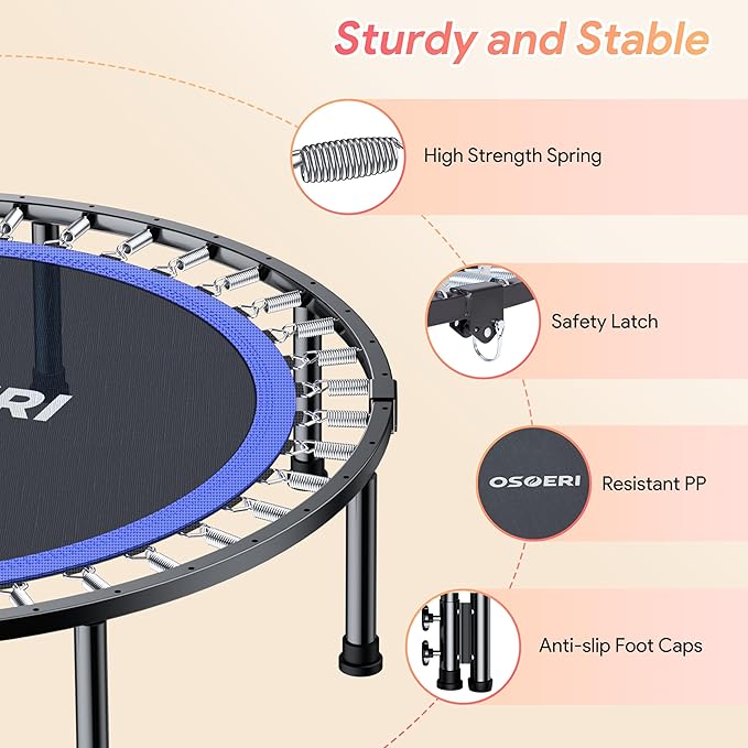 Osoeri 48" Rebounder Trampoline Foldable for Adults Max Load 450lbs, Mini Trampoline with Adjustable Foam Handle for Adults, Fitness Trampoline Indoor/Garden Workout