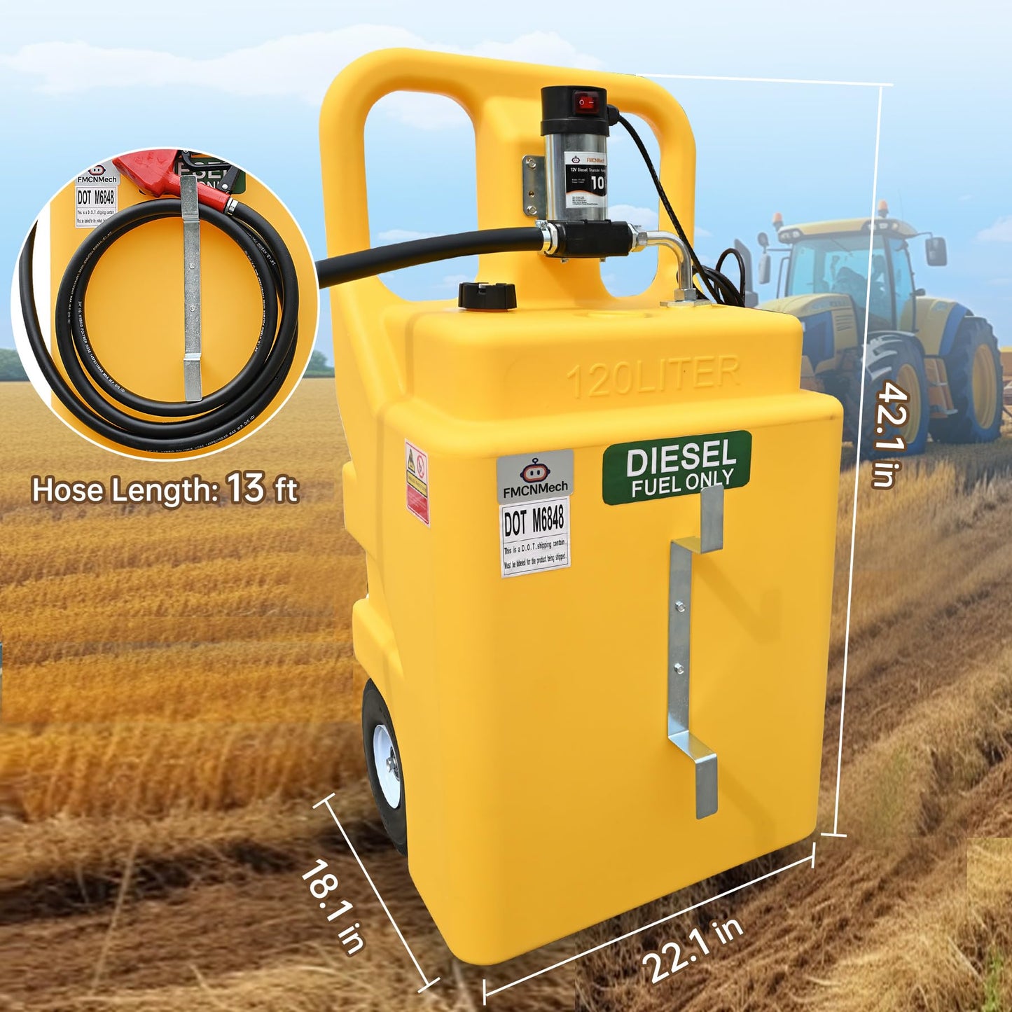FMCNMech 32 Gallon Diesel Transfer Tank with 12V Electric Pump, 10 GPM Flow, Portable Diesel Fuel Caddy with Auto Shut-off Nozzle & Wheels, Heavy-Duty Diesel Tank for Trucks, Tractors and Construction Equipment