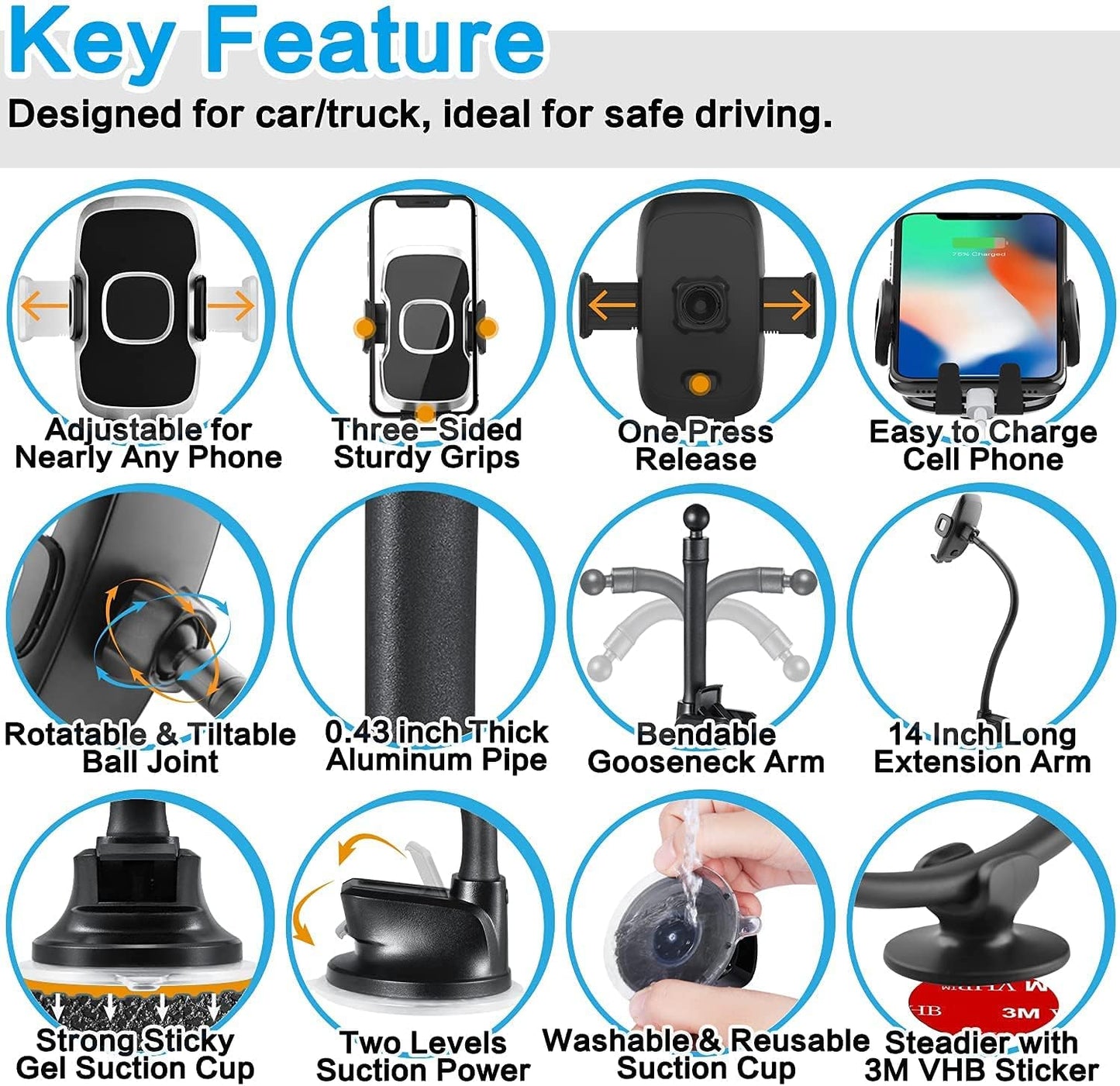 1Zero 14-Inch Solid Car Truck Phone Mount Holder with Gooseneck Long Arm, Windshield Window Mobile Holders