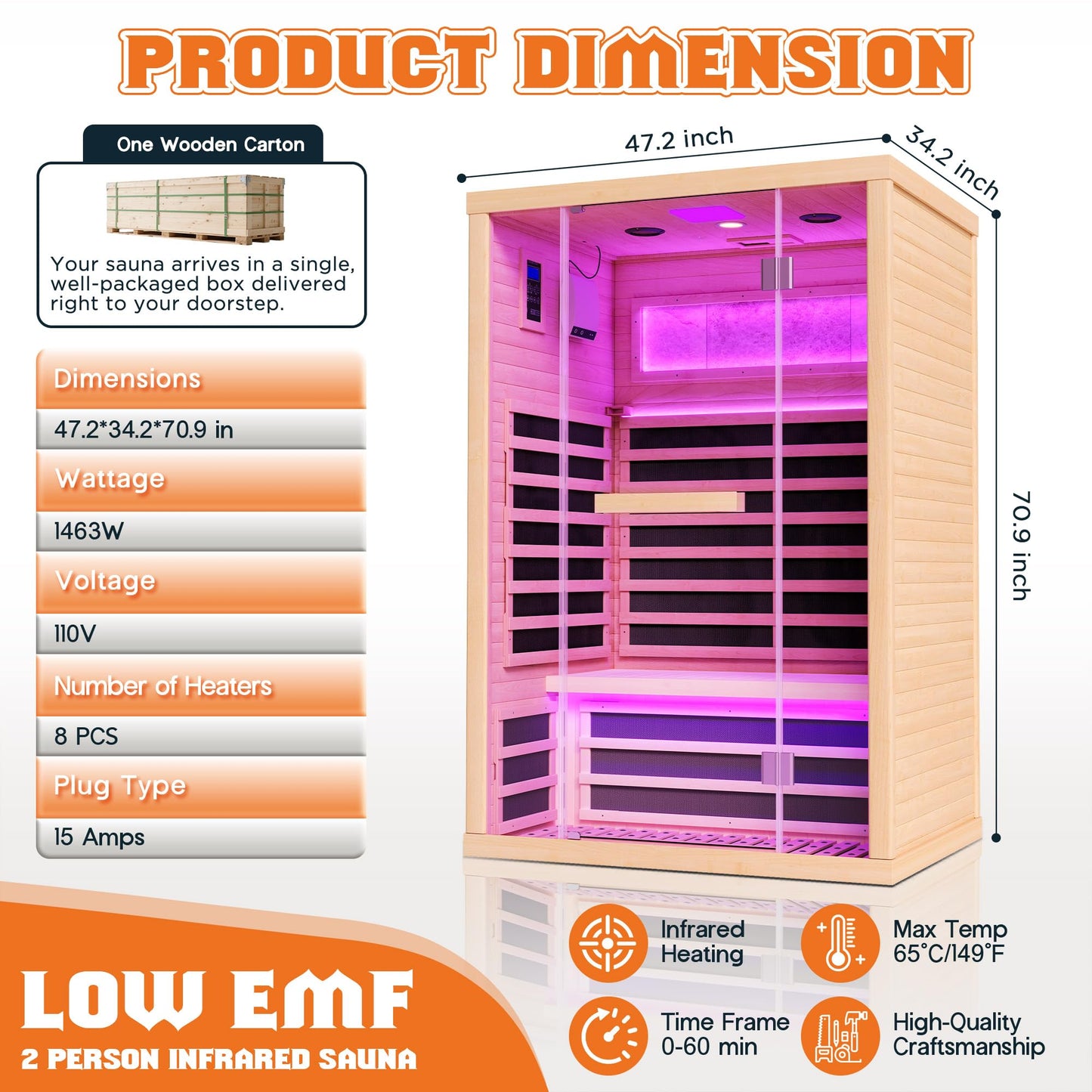 Albott Infrared Sauna 2 Person, Infrared Saunas for Home, Low EMF 110V Hemlock Wood Dry Sauna with Tourmaline Foot Warmer, 7-Color Light Therapy & Salt Crystal Bricks, 47.2"x34.2"x70.9"