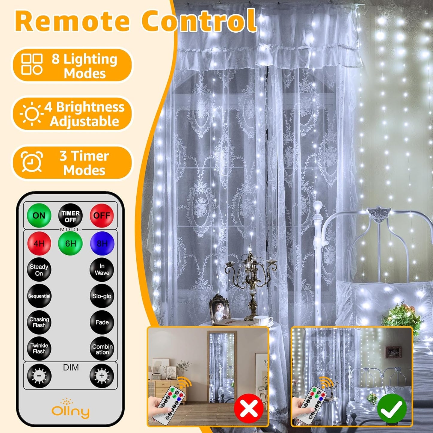 Ollny Curtain Lights - 300 LED Waterproof Outdoor Fairy Lights | 9.8ft x 9.8ft with Remote & 8 Modes