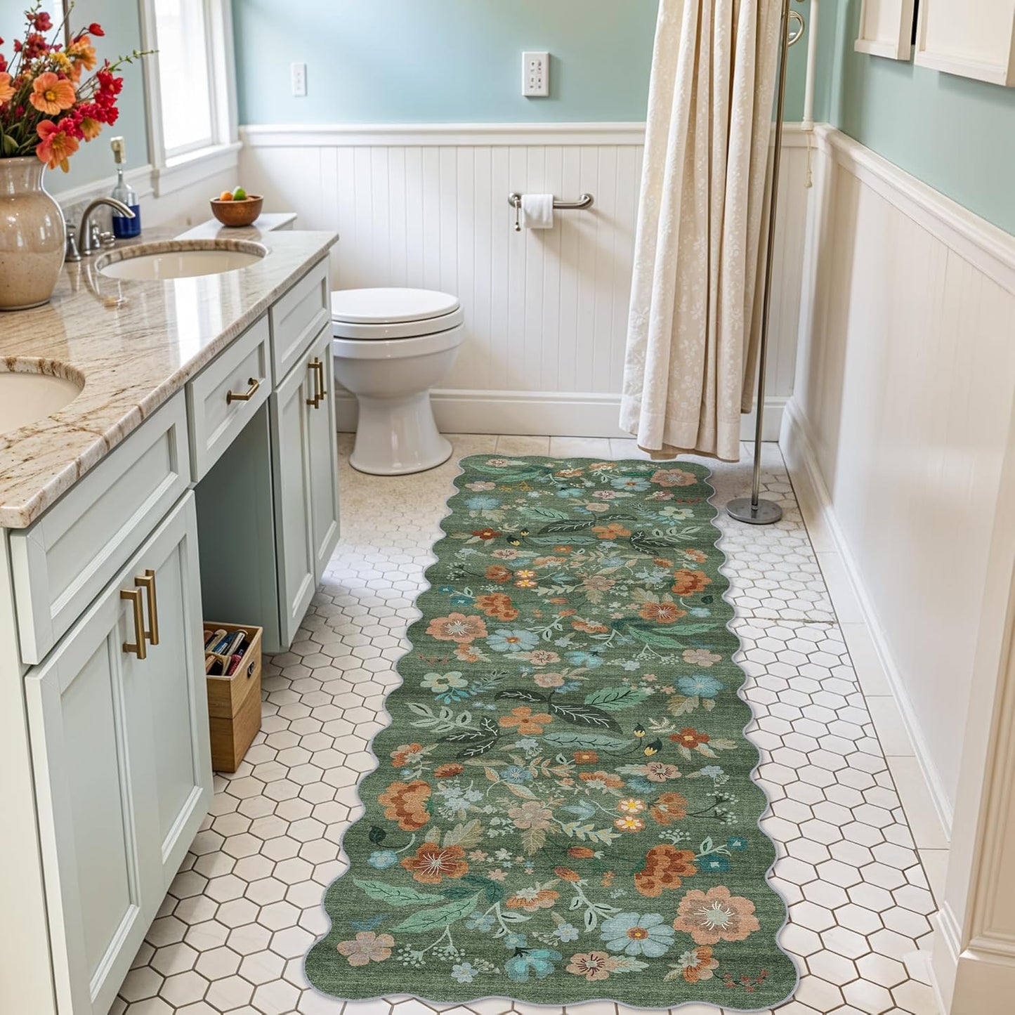 Washable Runner Rug by [Brand Name] - 2x6 Easy-Clean Non-Slip Carpet for Entryway & Hallway | Stain-Resistant Floral Green Design
