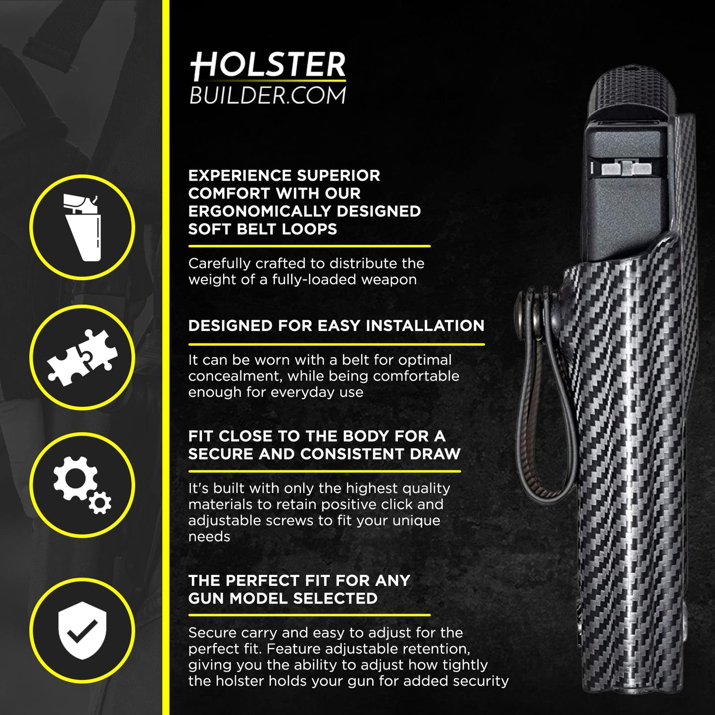 HolsterBuilder IWB Soft Holster Belt Loops - Holster Accessories with Dot Cap for Better Security, Heavy-Duty Belt Clip Works with 1.5" & 1.75" Belts - Kydex & Sheath Hardware Kit (Black)