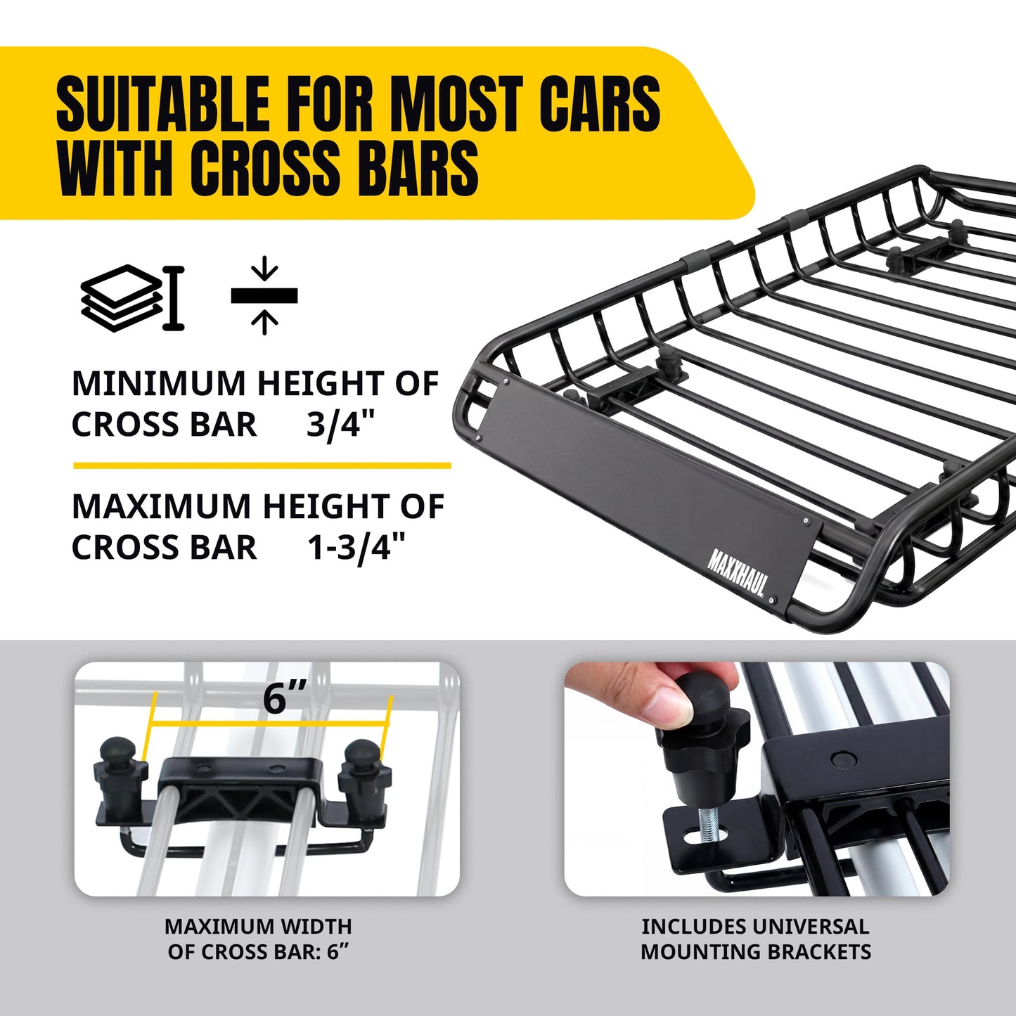 MaxxHaul Steel Roof Rack Cargo Basket, 46" x 36" x 4.5" Roof Top Carrier, Universal Fit for Cars, SUVs, Vans, and RVs, 150 lb Capacity, Weather-Resistant Easy-Install Cargo Storage (70115)