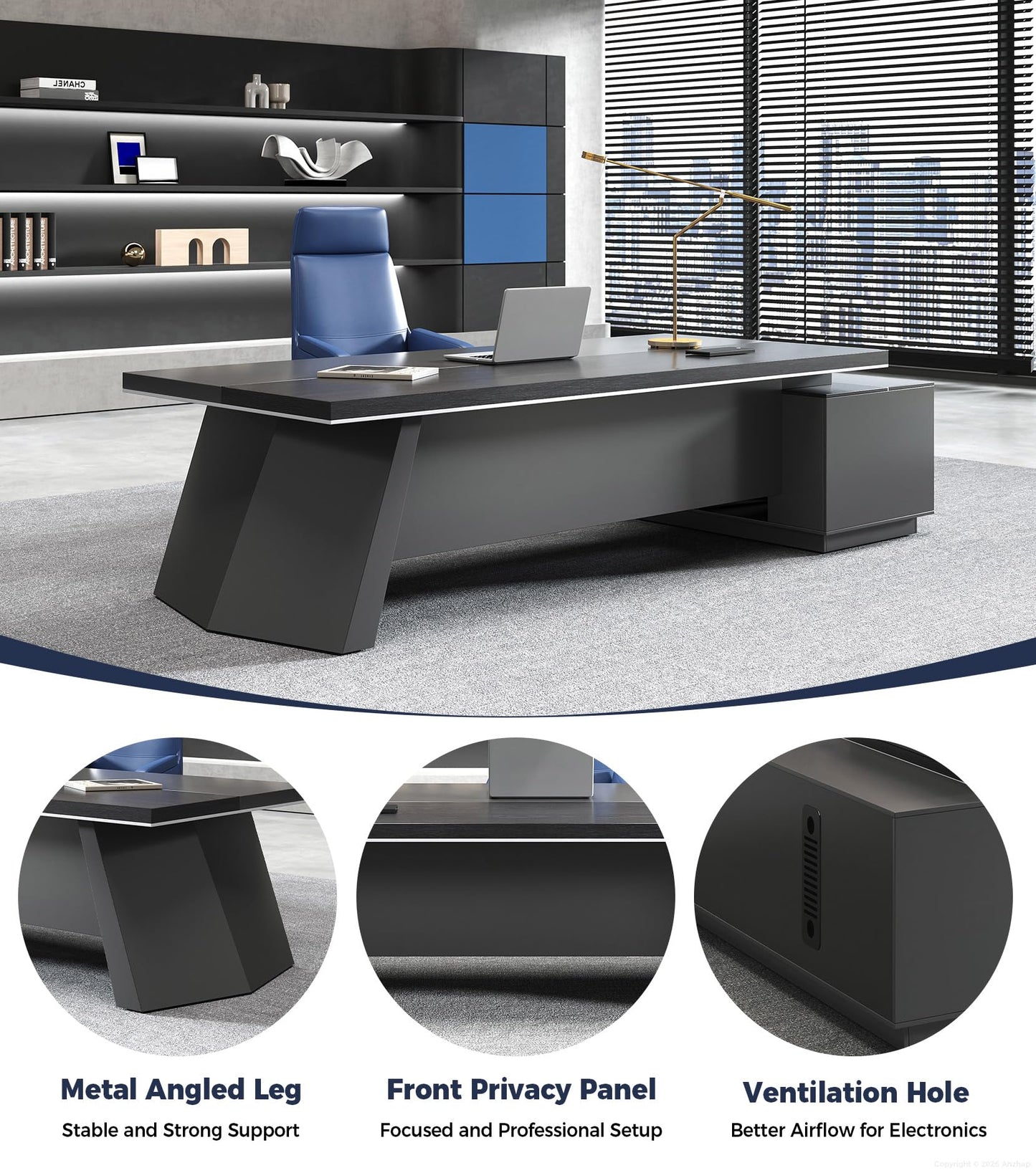 Anzhap 79" L-Shaped Executive Office Desk with Drawers, Enclosed Cabinet, Ventilated CPU Compartment, Built-in Outlets & USB Ports – Home Office Desk (Left Return, 79" L x 63" W x 30" H)