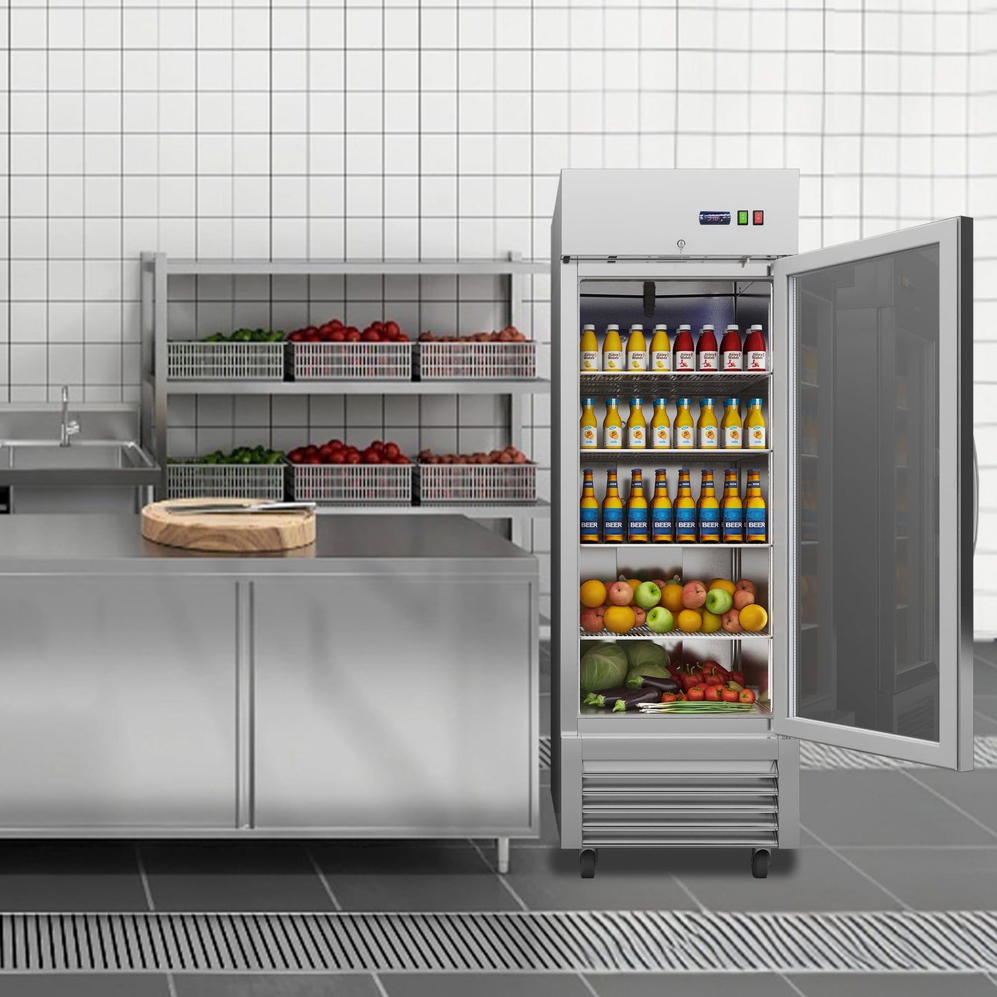 JINSONG 27" Commercial Refrigerator with Single Solid Door, 23 cu.ft Stainless Steel Reach-in Refrigerator for Restaurant, Bar, Shop, Residential