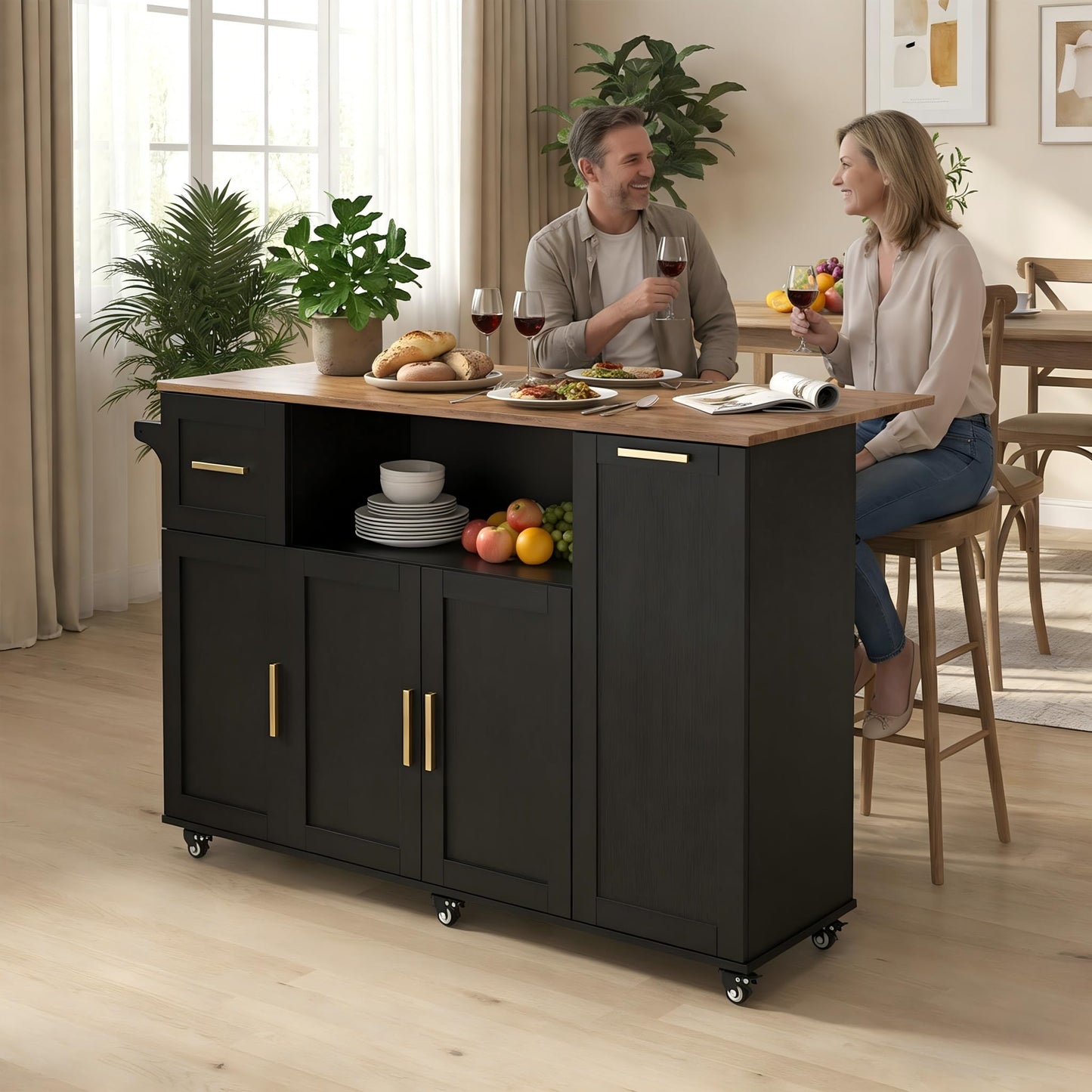 FFIQQ 59 Inch Large Mobile Kitchen Island Cart with Drop Leaf, 2 Cabinets, Drawer, Extra Counter Space & Trash Bin Storage, Rolling Portable Prep Table for Kitchen, Black, Particleboard
