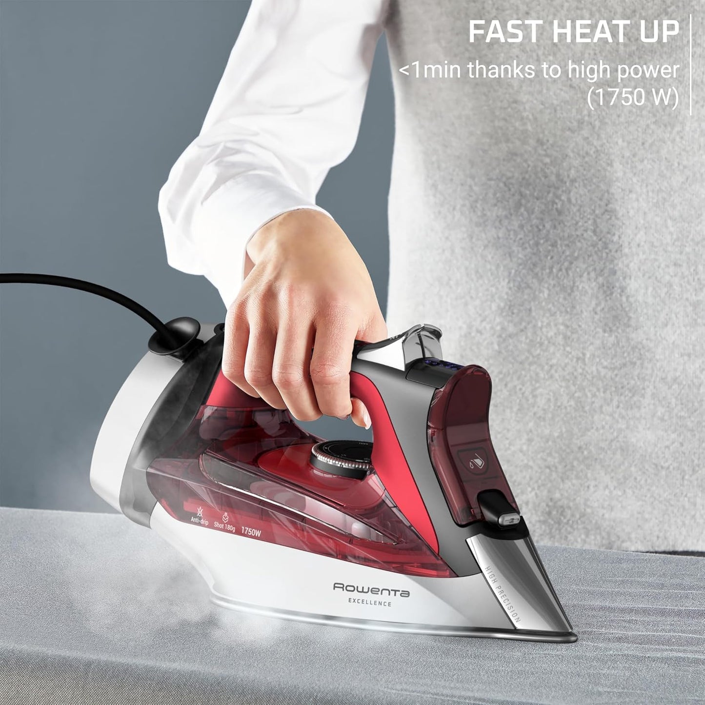 Rowenta Focus Excellence Steam Iron - 1750W Stainless Steel Soleplate, Retractable Cord, Red | 400+ Microsteam Holes
