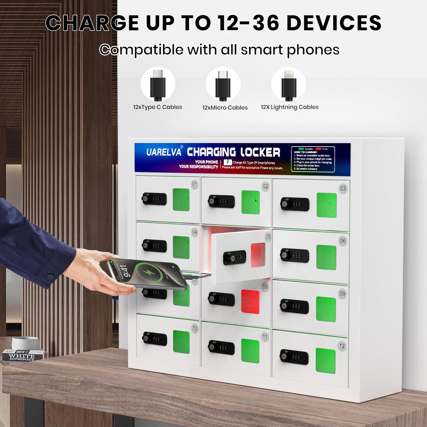 UARELVA Metal Locker 12 Slots Storage Cabinet with Password Lock | Cell Phone Charging Station Locker | White Steel Storage Lockers for Employees,Schools,Hotel,Library,Gym