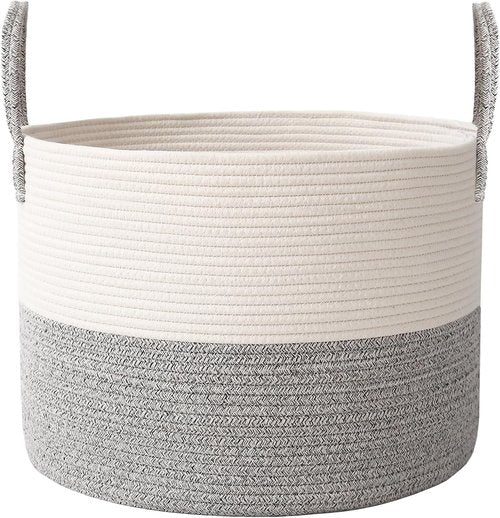 JMvicyroam 65L Extra Large Blanket Basket - Woven Cotton Rope Laundry Hamper with Handles | Machine Washable, White & Grey