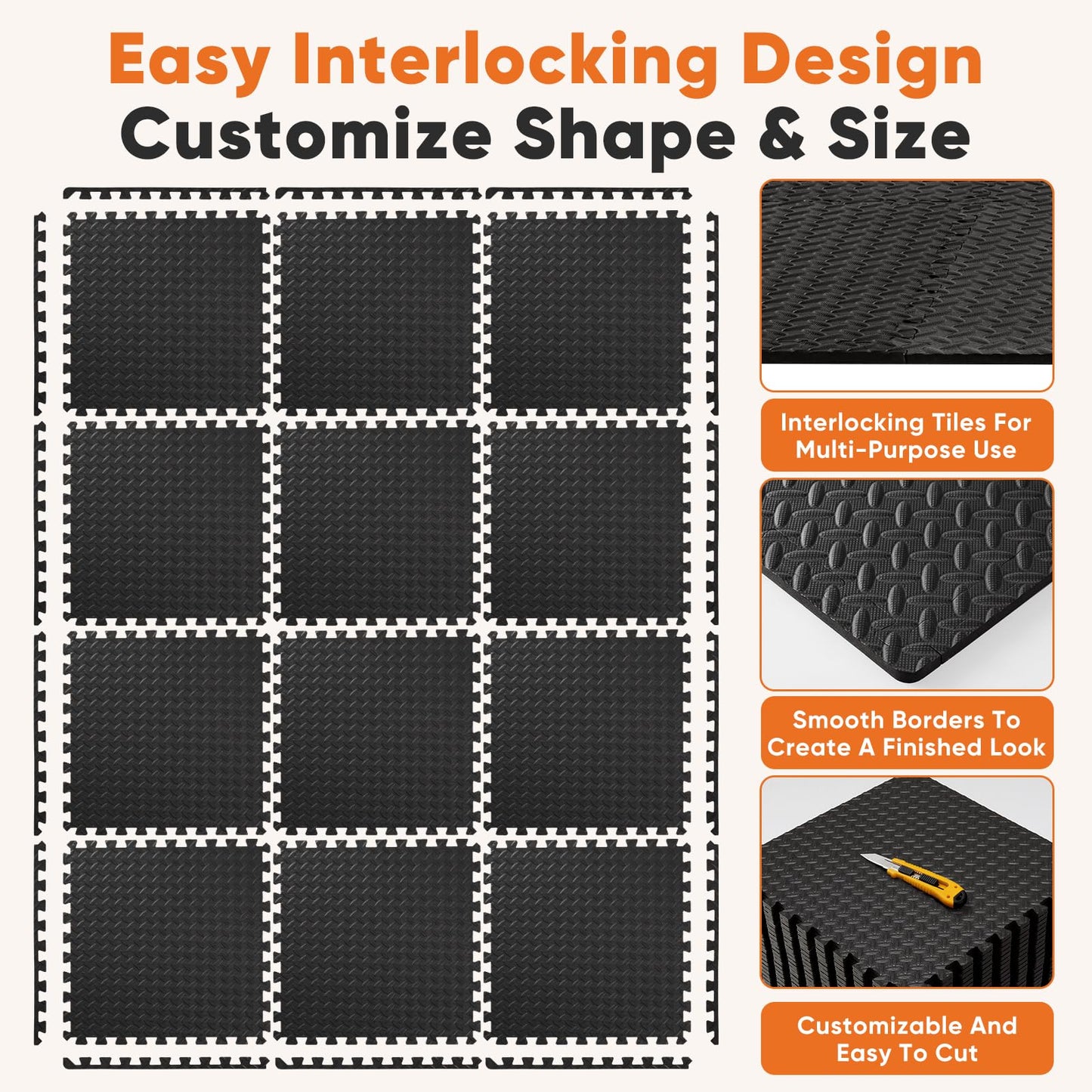 Sweetcrispy Interlocking Foam Floor Tiles, 1/2 Inch Thick Non-Slip Gym Flooring Mats for Home Gym, Garage & Workout Space, 12 Pcs