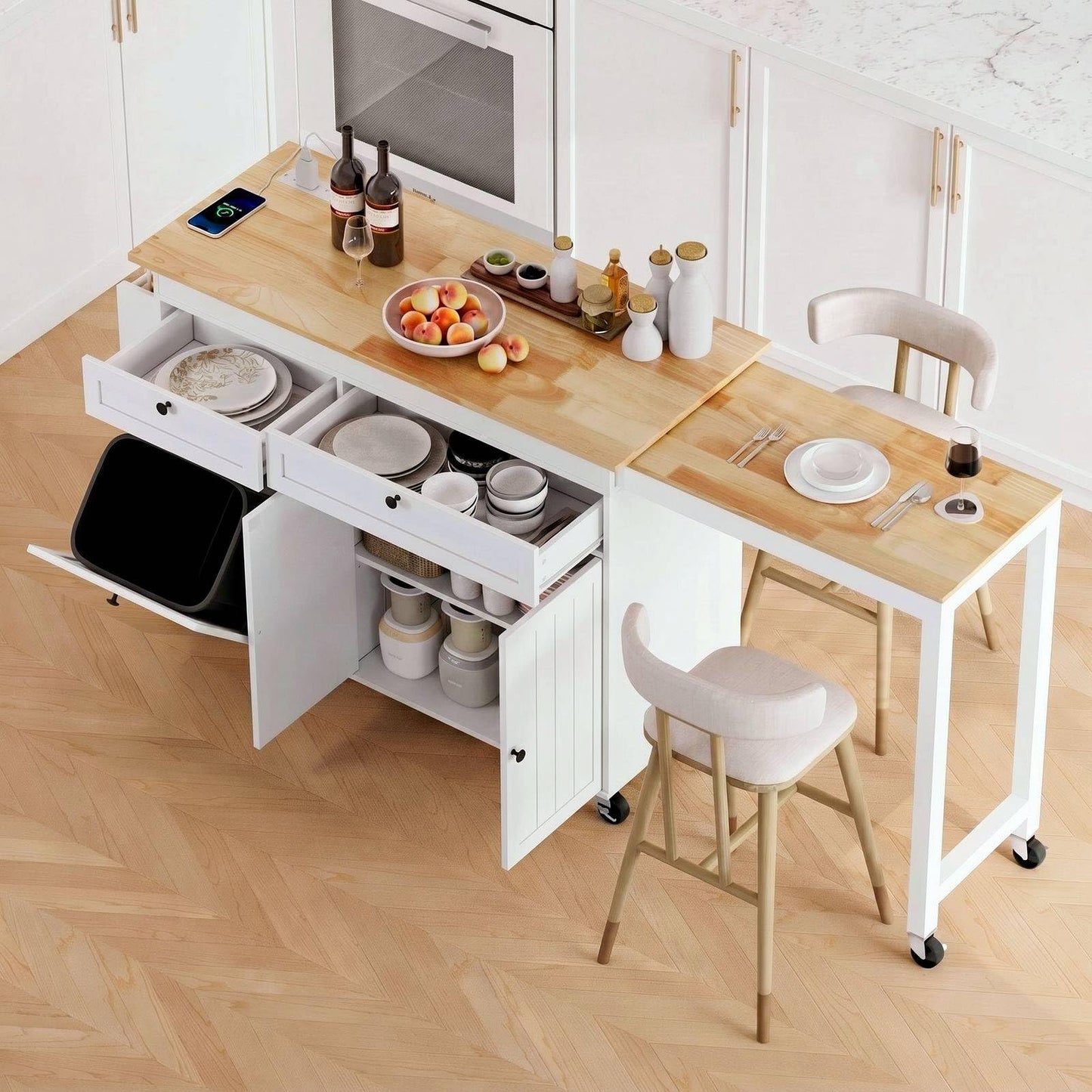 Lefurture Kitchen Islands with Storage, Kitchen Island on Wheels with Extendable Dining Table and Power Outlet, Rolling Island Cart with Trash Cabinet, Spice Rack & Towel Rack, White