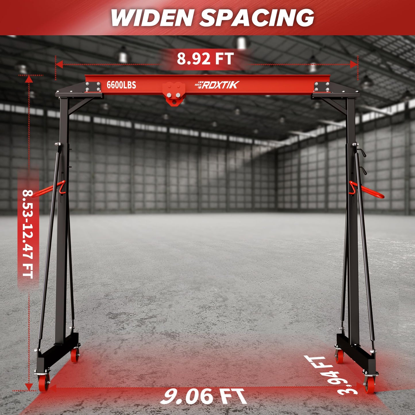 RDXTIK 3 Ton Gantry Crane with Manual Trolley, 6600LB Portable Shop Crane with 8.53-12.47 FT Adjustable Height and 9.06FT Max Width, Red