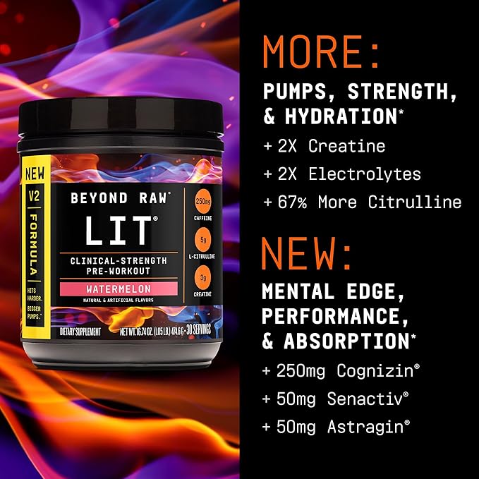 BEYOND RAW LIT V2 Clinical Strength Pre Workout Powder, Hits Harder, Bigger Pumps, Caffeine, L-Citrulline, Creatine, Watermelon, 30 Servings