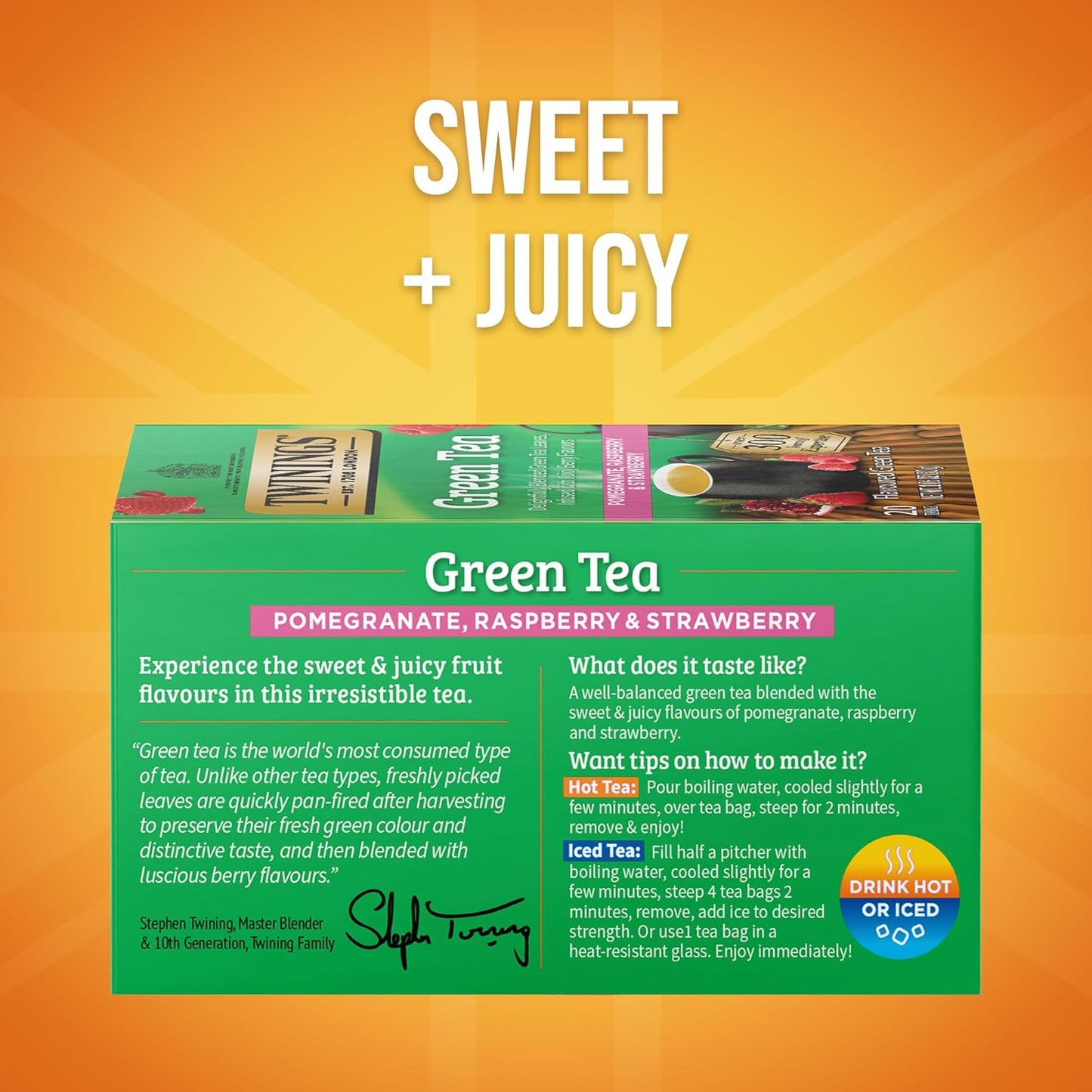 Twinings Green Tea - Pomegranate, Raspberry & Strawberry Flavor - 20 Individually Wrapped Bags