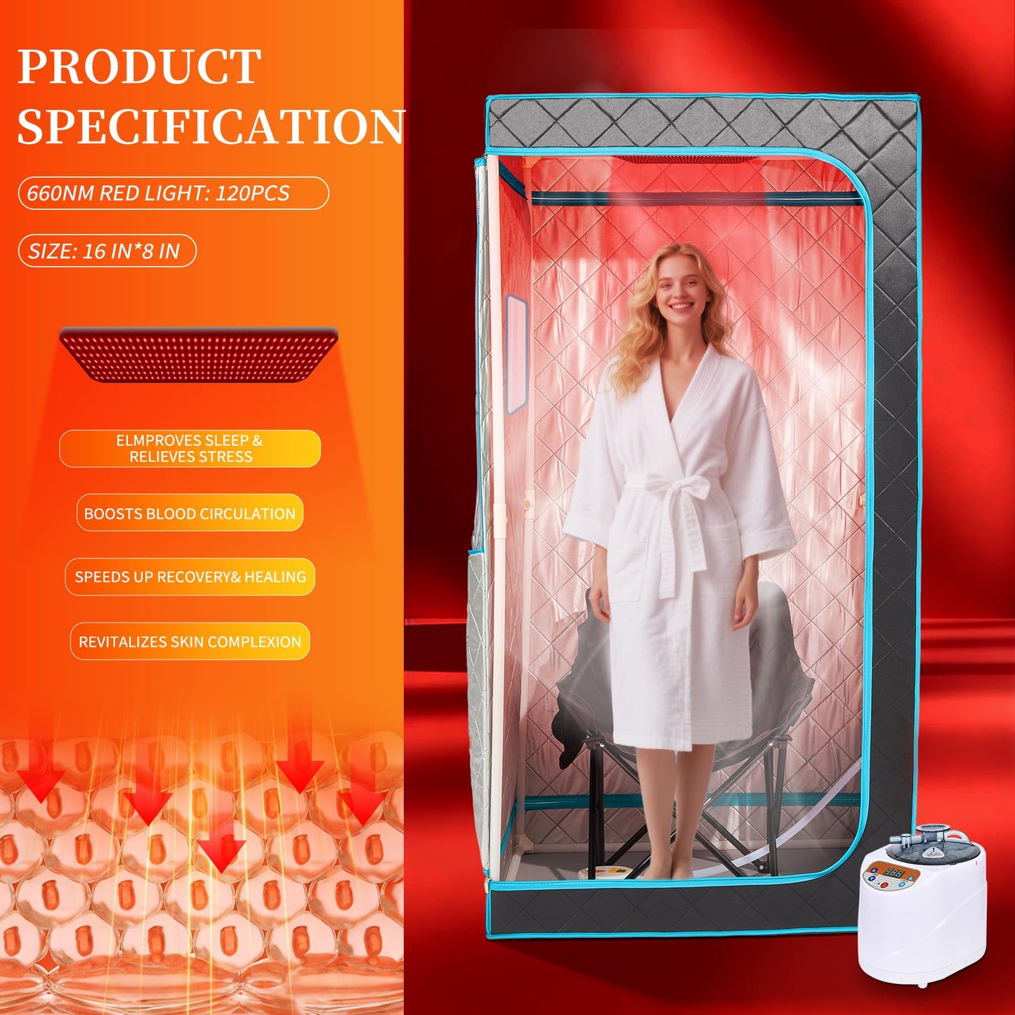 AURGOD Portable Steam Sauna– Red Light Therapy Home Sauna Tent with 3L & 1500W Steamer, Remote Control Time & Temperature Settings, Foldable Chair Included for Relaxation