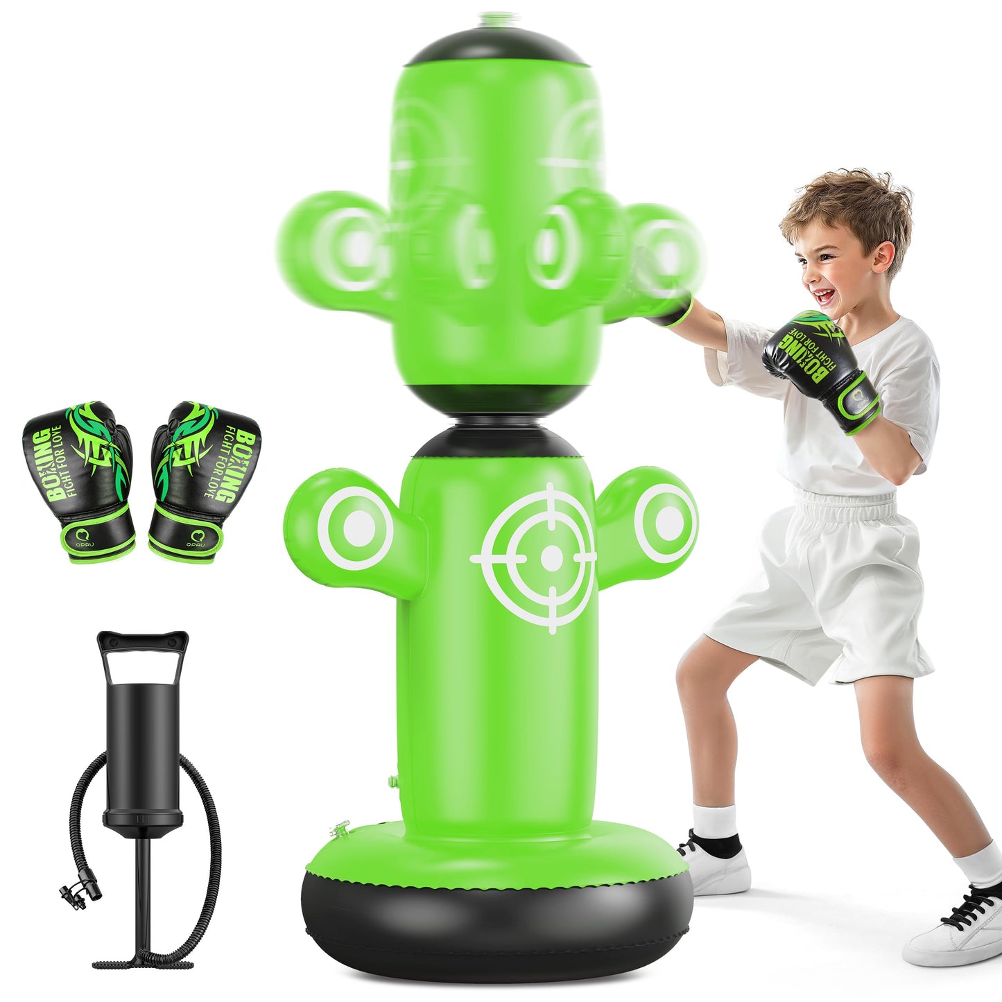QPAU 360° Rotatable Punching Bag for Kids, Lager 64” Kids Punching Bag with Gloves, Hand Pump & 6 Targets, Bop Bag Inflatable Punching Toy, Karate Gifts for Boys, Girls