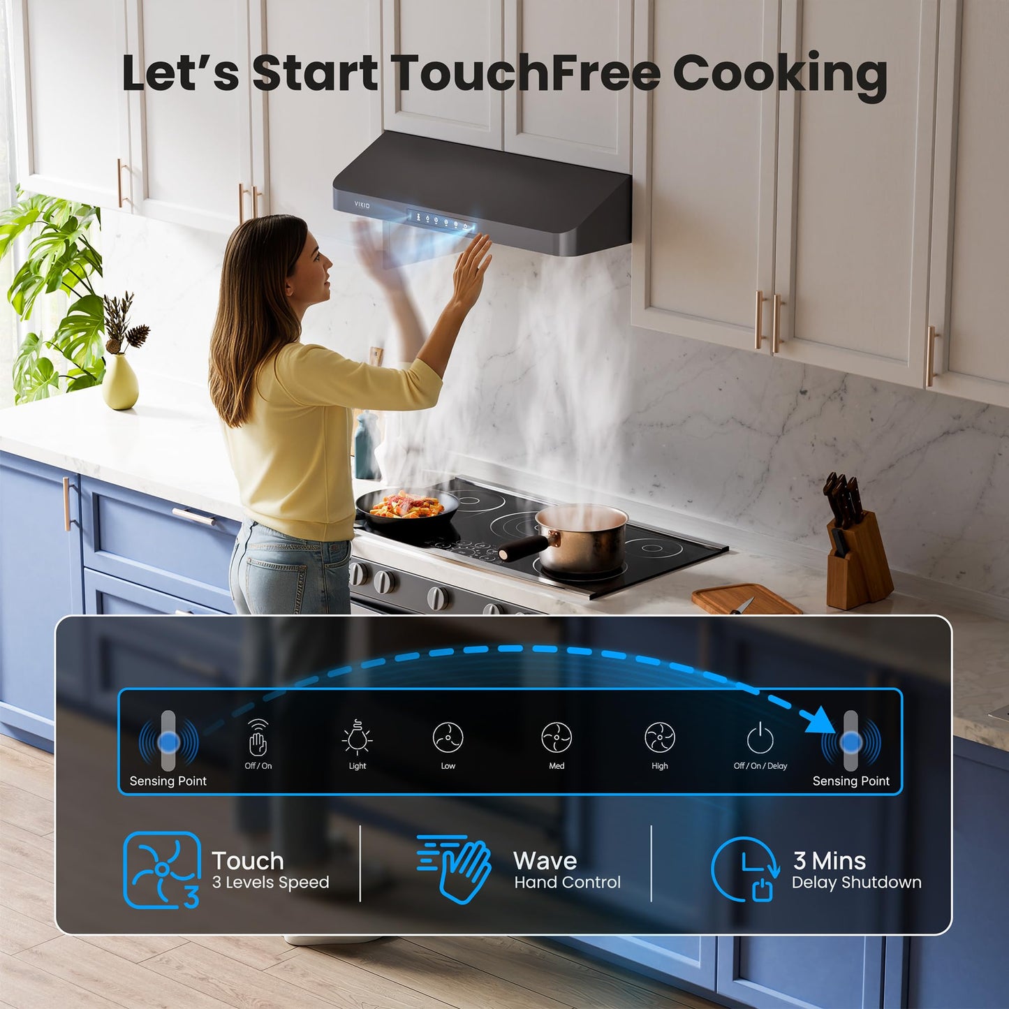 VIKIO HOME Under Cabinet Range Hood 30 Inch, 980CFM Fast Venting Ducted, Kitchen Hood With 3 Speed Gesture Sensing & Touch Control, Stainless Steel Stove Vent Hood With LED Light, Black