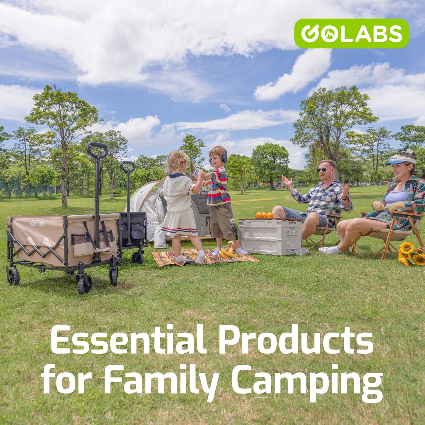 Golabs Collapsible Wagon Cart Max 350lb Load & Expandable Storage 100L, Double Bearing Design for Flexible Steering, Foldable Heavy Duty Garden Cart with 2 Cup Holders for Groceries, Garden & Camping