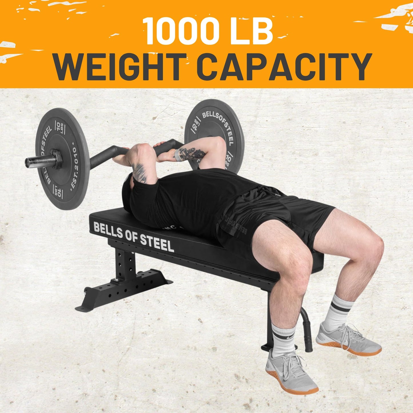 Flat Bench [Bells of Steel] Powerlifting Flat Weight Bench, New Version, Workout Bench for Home Gym, 12-Gauge Steel, 4in Thick Pad Gym Bench, 1000lb Capacity