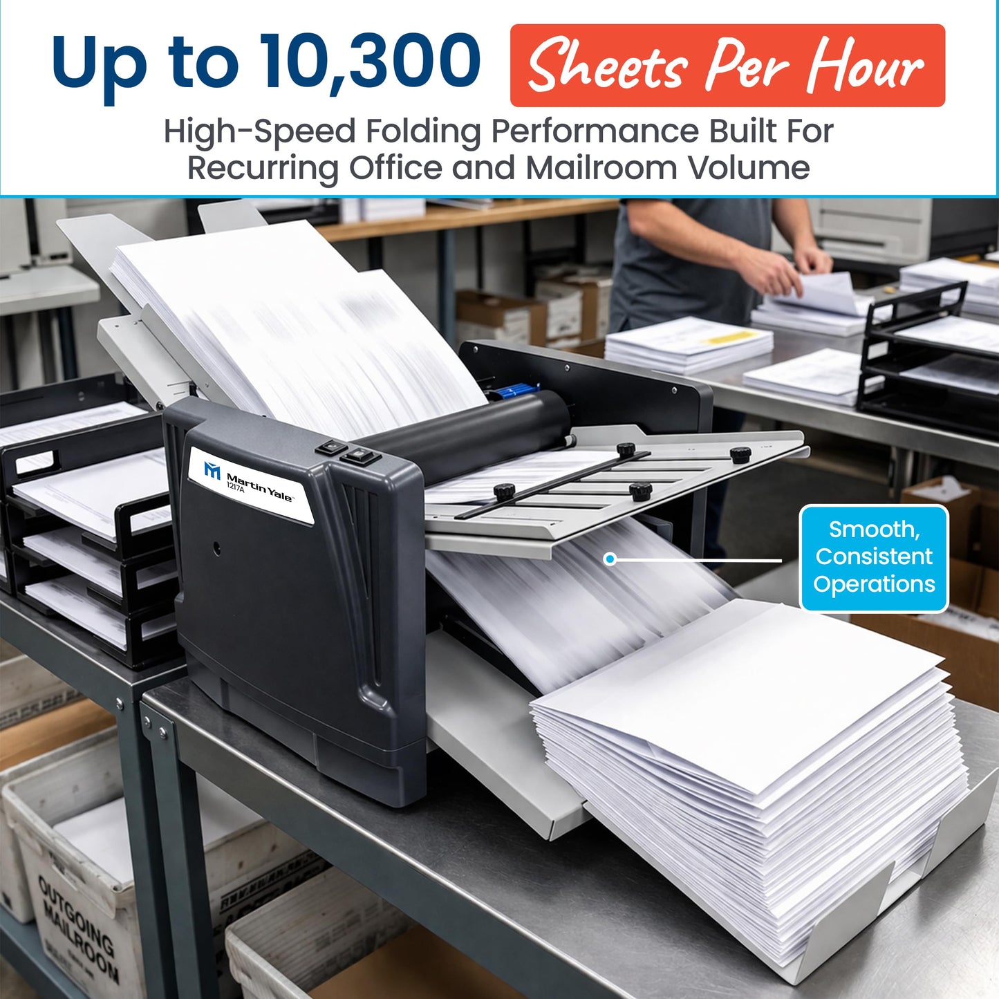 Martin Yale 1217A Automatic Paper Folder Machine, Medium Duty Auto Feed Document Folder for Offices, Schools, Mailrooms, and Churches, 7 Fold Types, 250 Sheet Capacity, Up to 10,300 Sheets per Hour