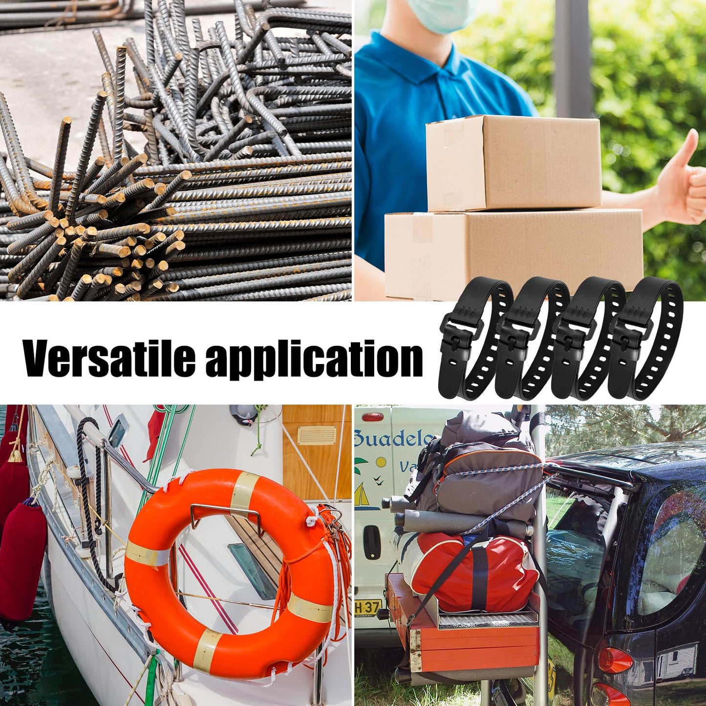 4pcs Utility Straps with Buckle, Rubber Reusable and Adjustable Industrial Gear Tightening Tension Straps for Trucks Cargo and Luggage Cord Ties Securing Quick Cinch Fastening Lashing Tool