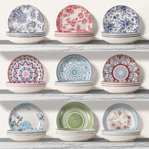 Artena Pasta Bowls Set - 20oz Porcelain Salad Bowls | 8-Inch Colorful Dinner Plates in Blue Peony