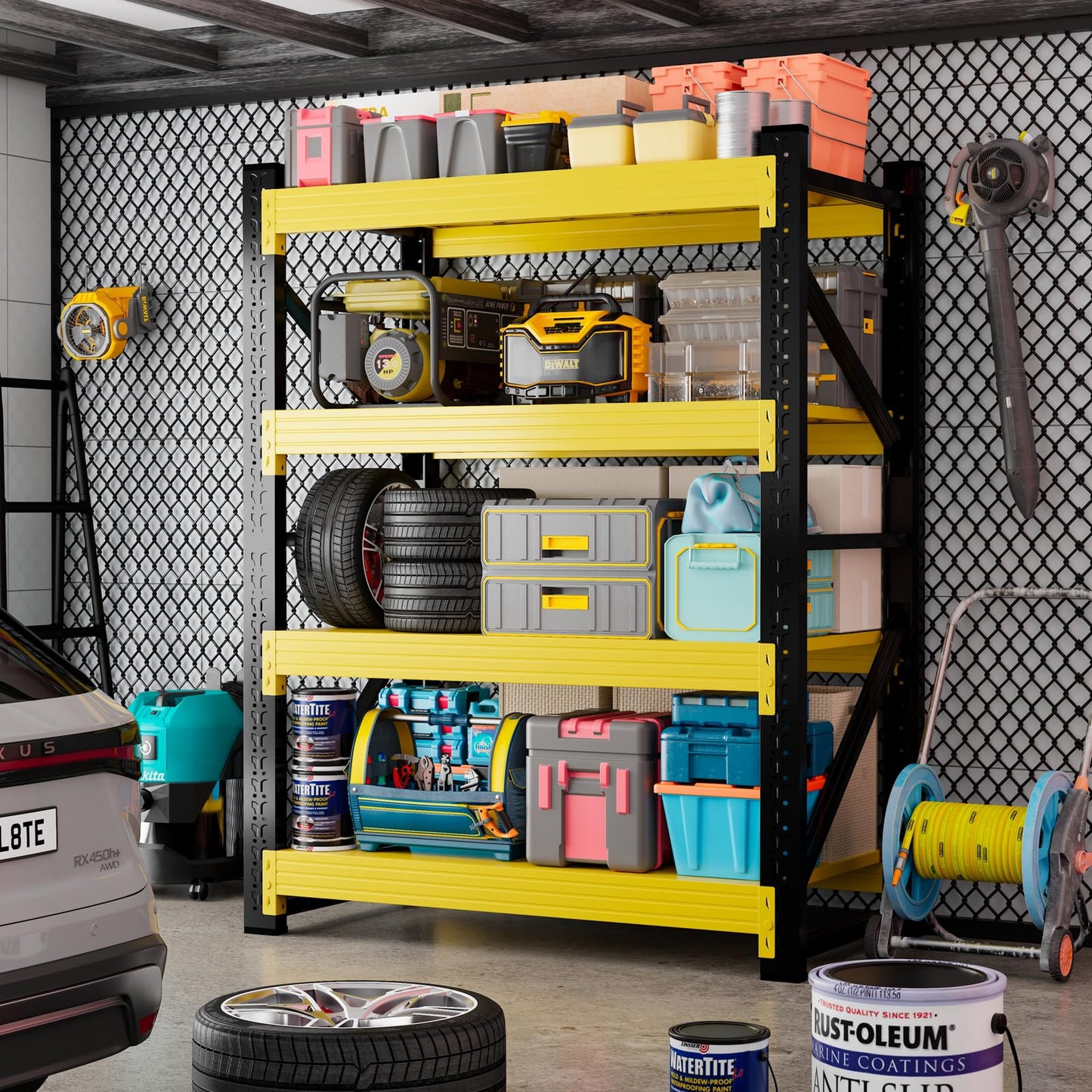Kobito 48" W Garage Storage Shelves, 3000LBS Garage Shelving Heavy Duty Adjustable Shelving Unit, 4 Tier Metal Utitly Shelves Industrial Shelving for Warehouses,Basement,Black Yellow