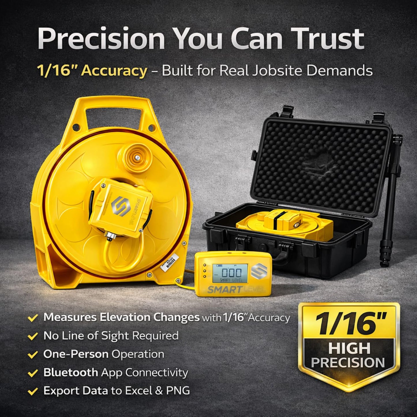 Smart Level Precision Construction Altimeter with Bluetooth App (iOS & Android), 1/16 inch Accuracy – Includes Carrying Case & Monopod – Data Export & Backlit Display