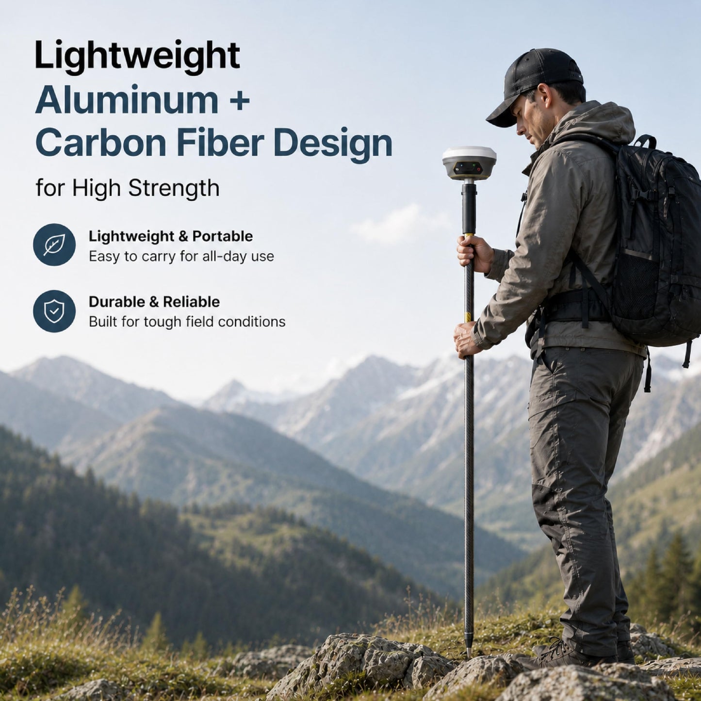 Self-Locking Survey Pole, Carbon Fiber & Aluminum Lightweight GPS Rover Pole, 5/8" Thread, Adjustable Height 125-200 cm (49-79"), Compatible with DJI, SingularXYZ & Most RTK Rover Systems