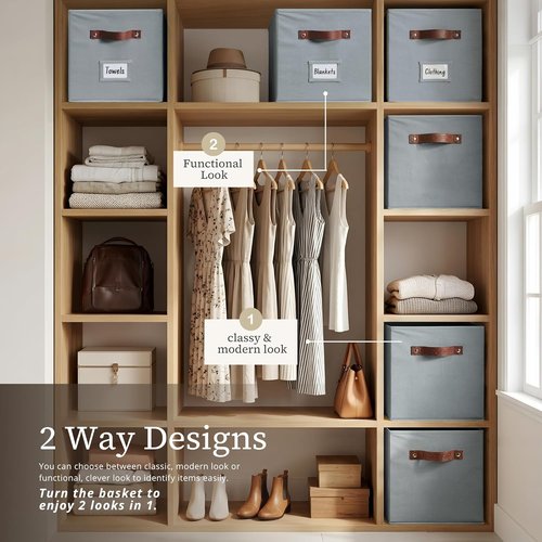 DECOMOMO Storage Baskets - 13x15x13 Cube Bins with Labels for Organized Shelves | Set of 4, Grey