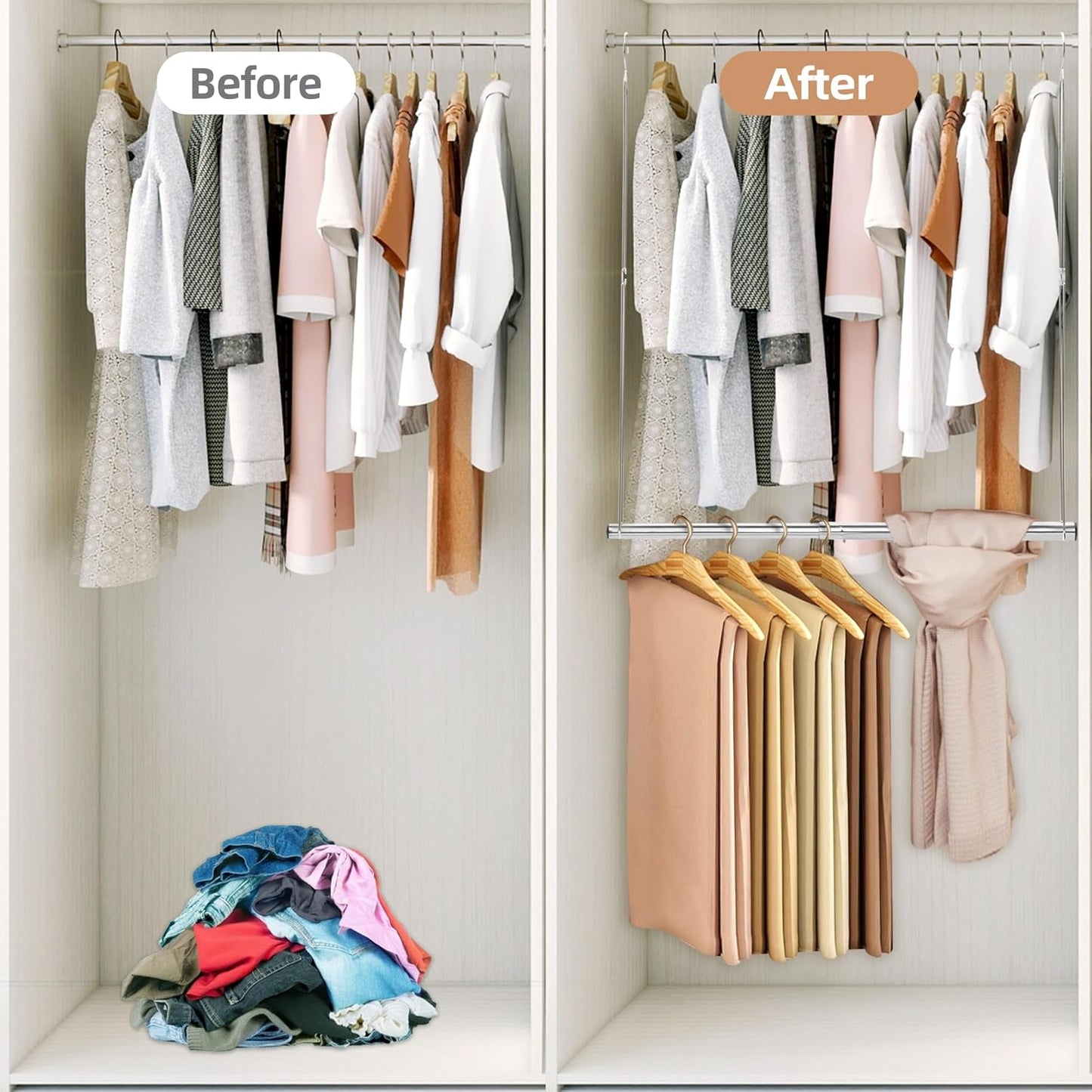 Storage Maniac Adjustable Closet Hanging Rod - Space-Saving Organizer | 2 Pack Chrome
