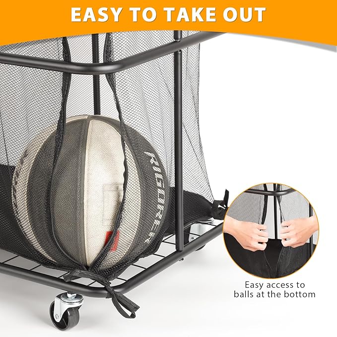 HEOMU Ball Storage Bin Rolling Garage Ball Storage Cart with Lockable Wheels, Metal Frame Mesh Basket Organizer with Zipper for Indoor Outdoor, Sports Equipment Organizer for Garage Gym School, Black