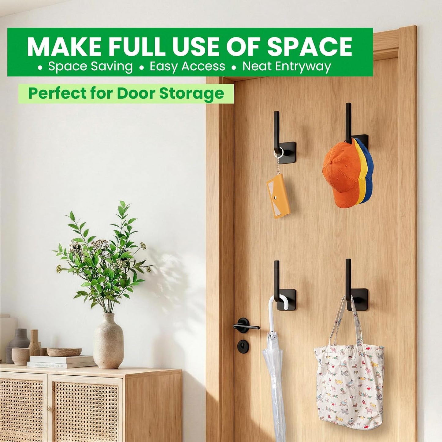 Skiennix 6 Pack Hat Hooks - Strong Adhesive Over The Door Organizer | Durable Black Cap Holders for Bedroom & Closet