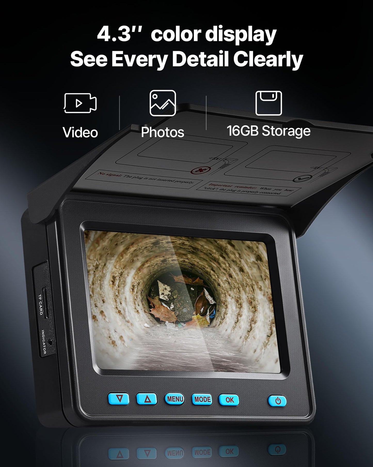 VEVOR Sewer Camera, 98 ft/30m, 4.3" Drain Inspection Tool, IP68 Waterproof Snake Plumbing Camera with Lights - 6 Adjustable LEDs, 4500mAh Battery & 16GB Card for Sewer Line Duct Pipes