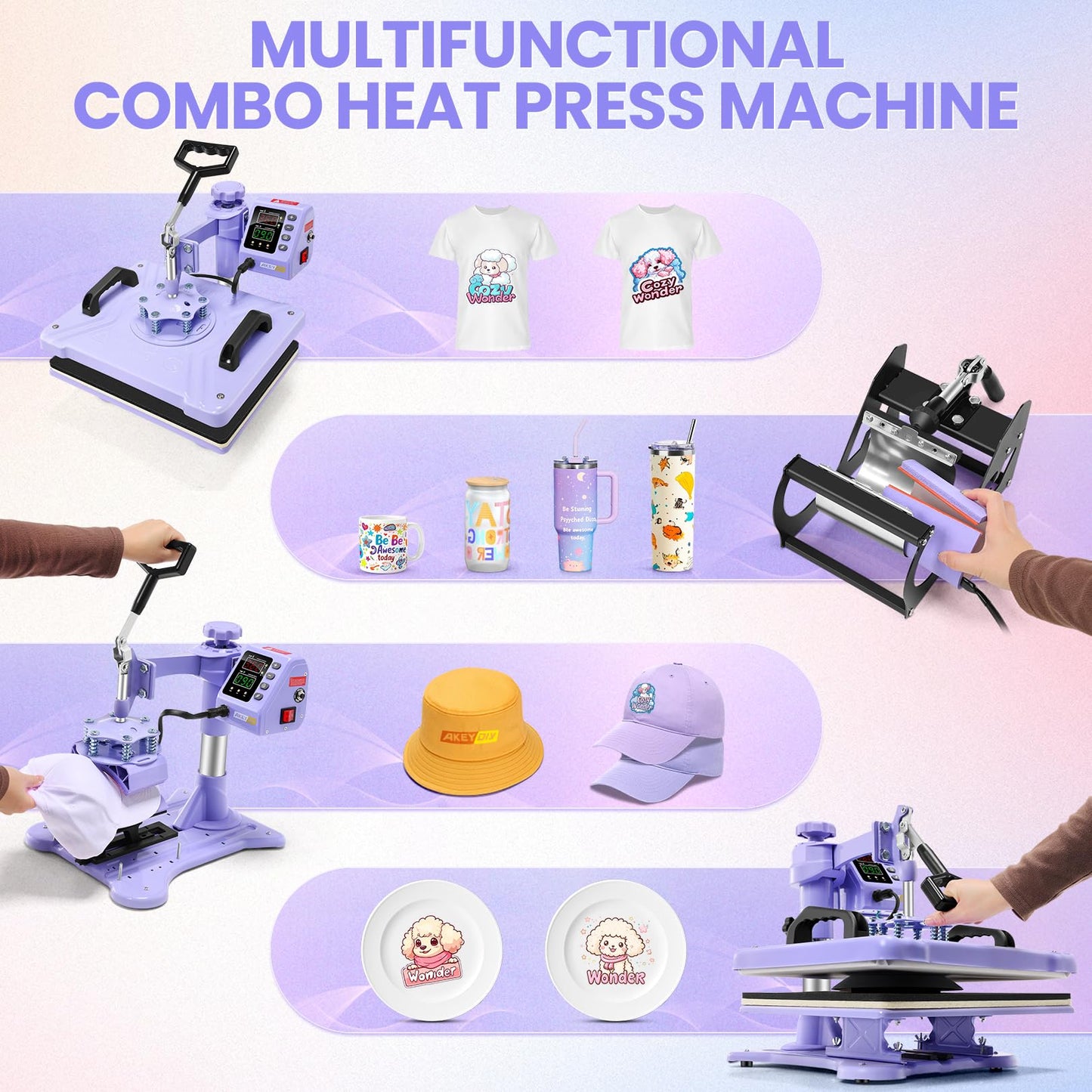 AKEYDIY Upgraded 8 in 1 Heat Press Machine for Tshirts 12X15 Inch, 360° Swing Away Shirt Press Machine for Sublimation, Multifunctional Heat Transfer Machine Combo for Shirts (Purple-8 in 1)