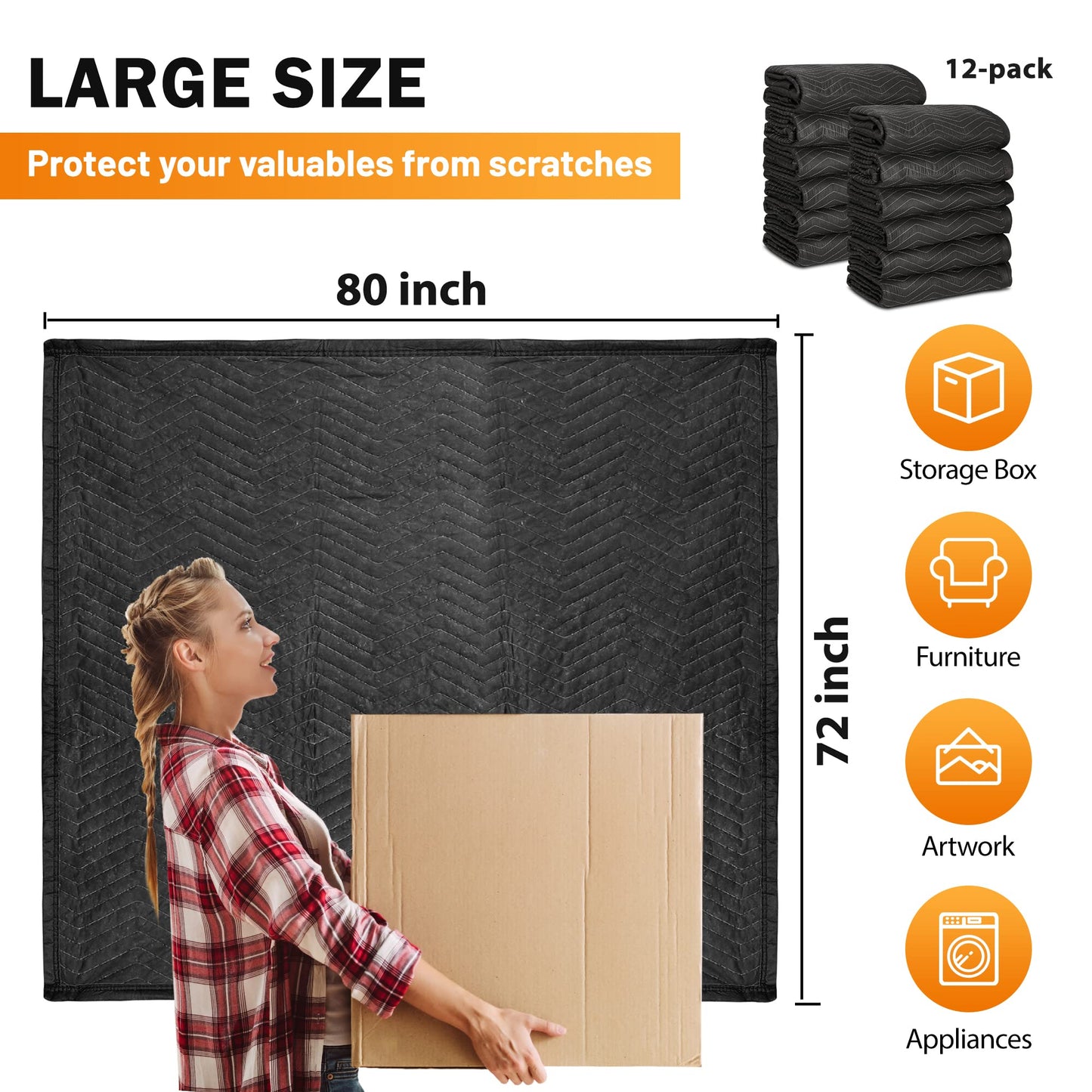 12 Moving Packing Blankets 80 x 72 Inches (65 lb/Dozen) Heavy Duty Moving Pads for Protecting Furniture Pro Quilted Shipping Furniture Pads (Black 12PCS)