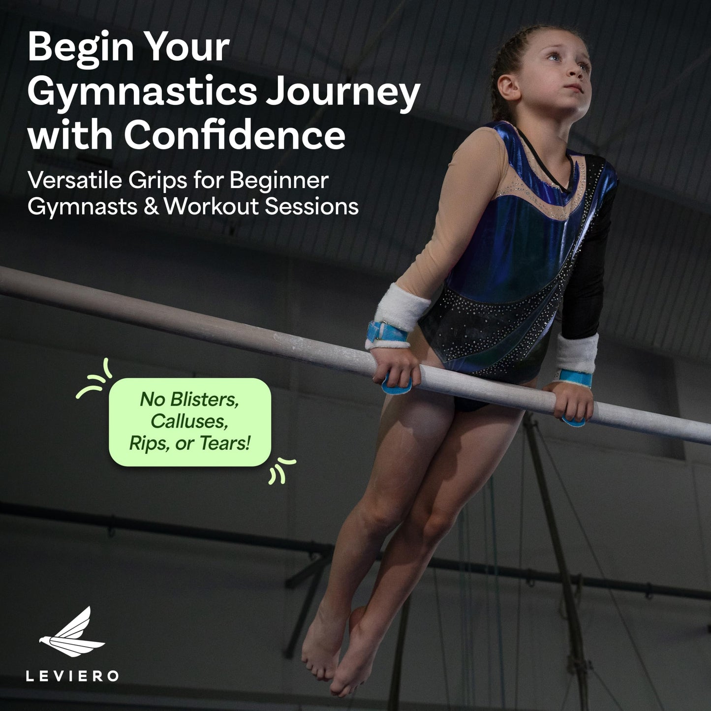 LEVIERO Palmies Gymnastics Grips, Grips for Gymnastics, Multipurpose Soft Leather Grips with Adjustable Finger Holes, Weightlifting, Kettlebell, Cross Training Workouts for All Ages - (Aqua, Small)