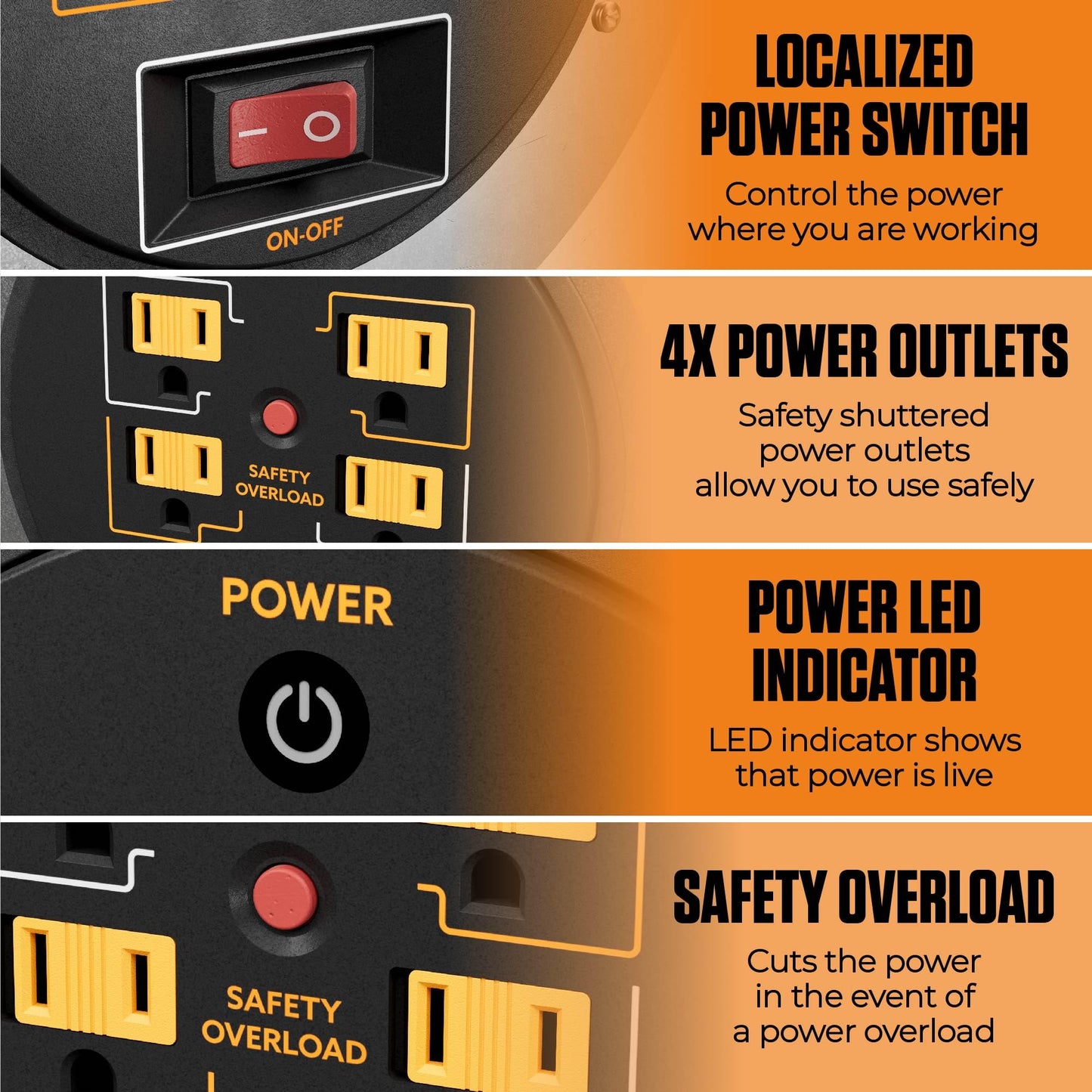 Masterplug 1ft Cord Reel, Metal Cable Drum, Retractable Extension Lead with Winding Handle, Safety Overload Circuit Breaker and Power Switch, 4x Grounded Outlets, 15amps, 12AWG Cable