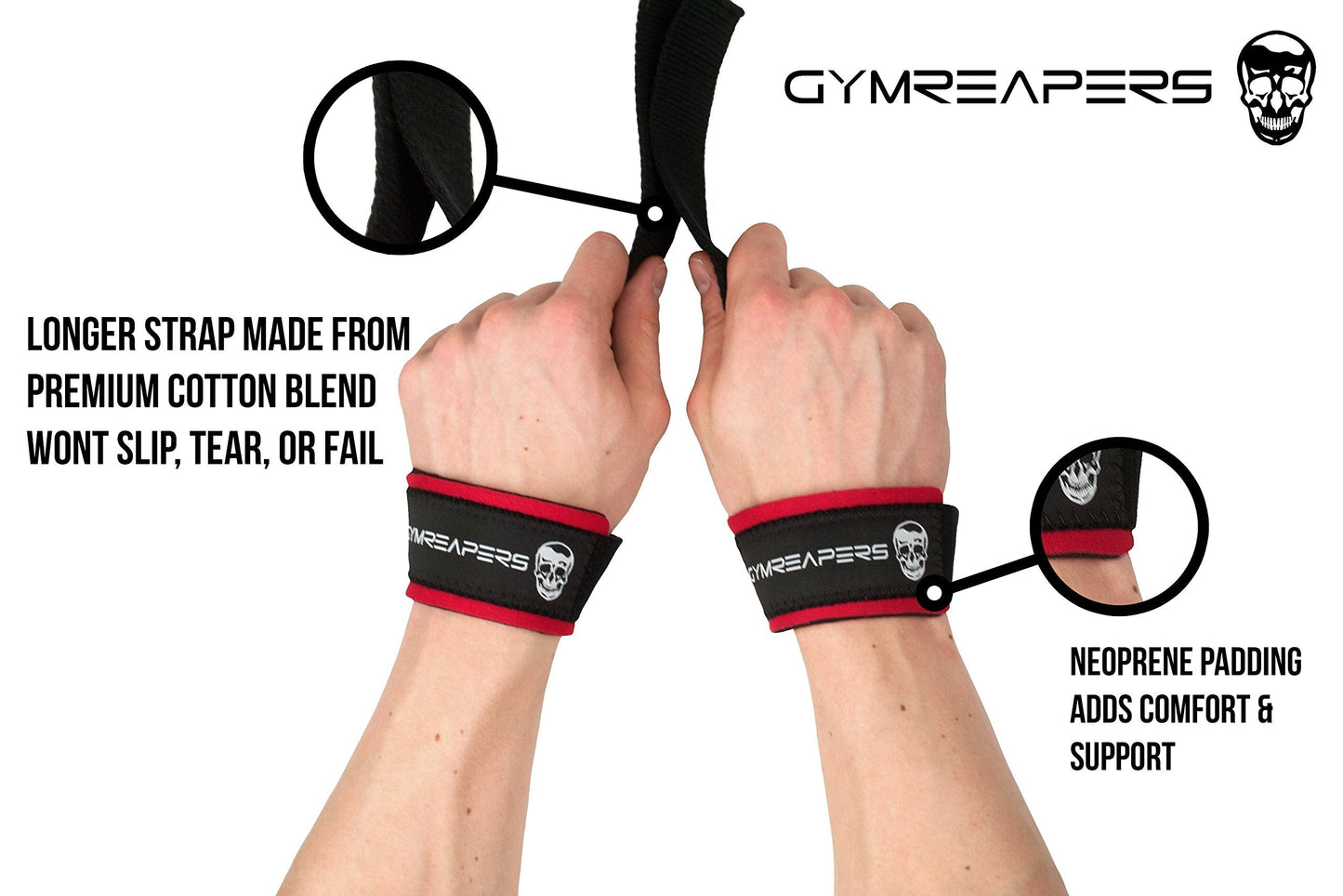 Gymreapers Lifting Wrist Straps for Weightlifting, Bodybuilding, Powerlifting, Strength Training, & Deadlifts - Padded Neoprene with 18" Cotton (Black/Red)