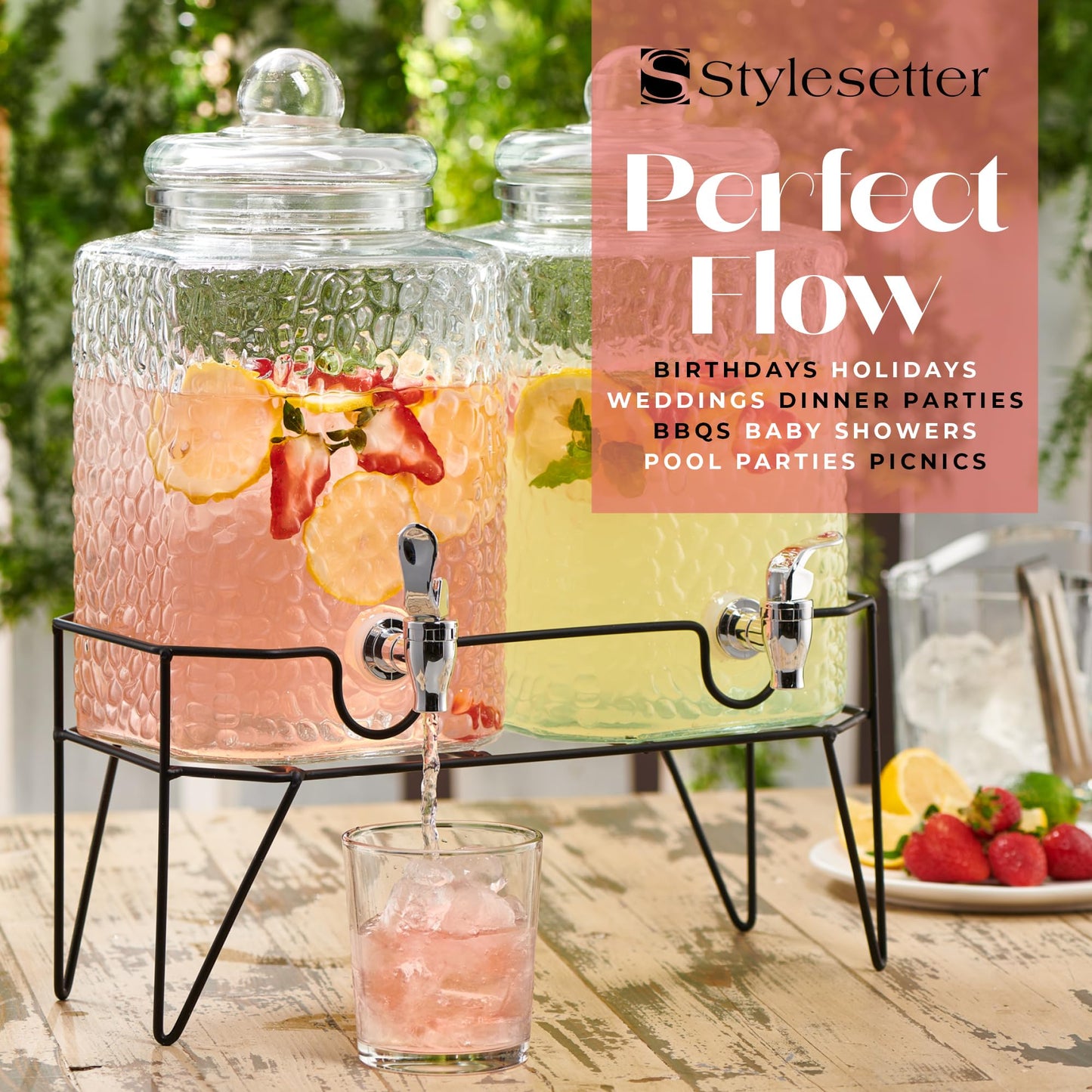 Style Setter Premium Glass Drink Dispensers with Metal Stand for Parties – Beverage Dispenser Set for Cold Drinks, Lemonade, Cocktails, Juice – Party Glass Drink Dispenser Station - 1.5 Gal, Set of 2
