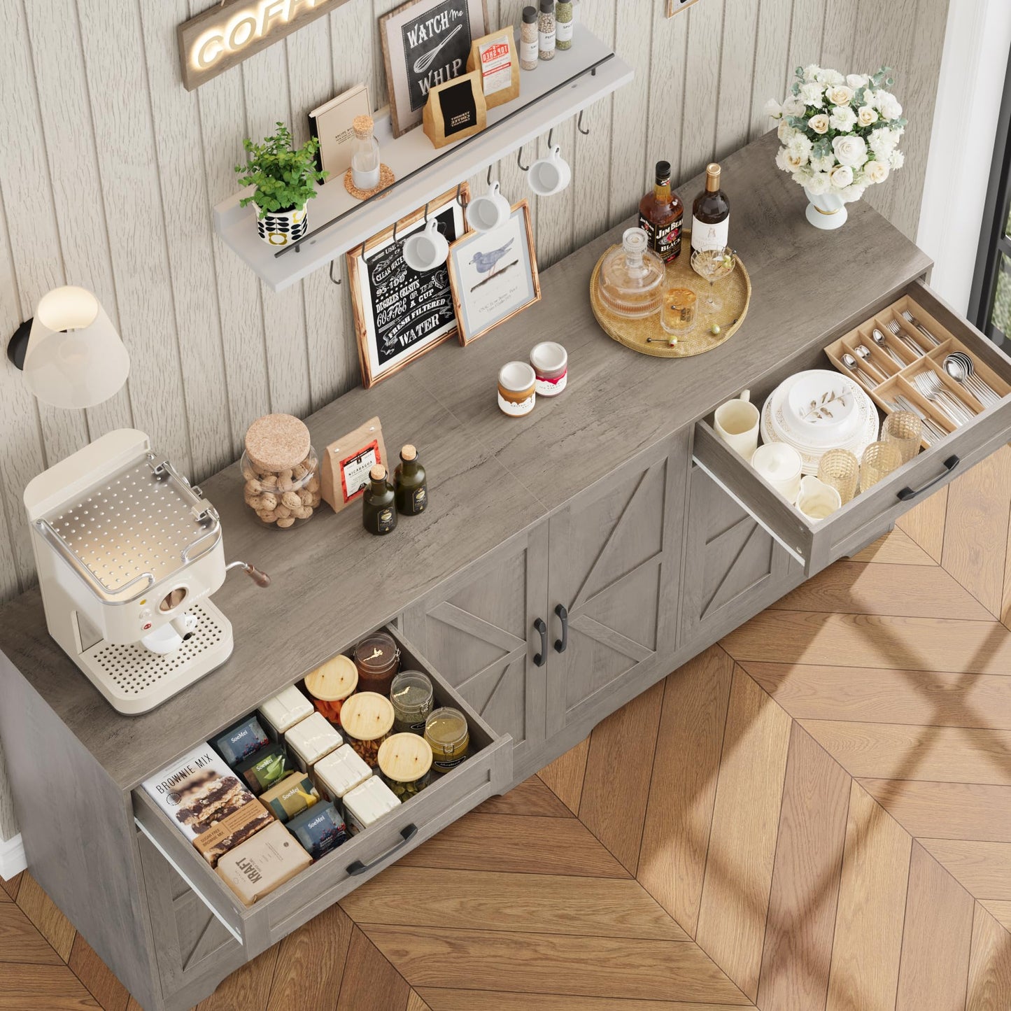BOTLOG 71” Large Sideboard Buffet Cabinet with Storage, Farmhouse Kitchen Buffet Cabinet with Adjustable Shelves and 6 Barn Doors, Wood Coffee Wine Bar Console Table, White, Ash Grey (Ash Grey)