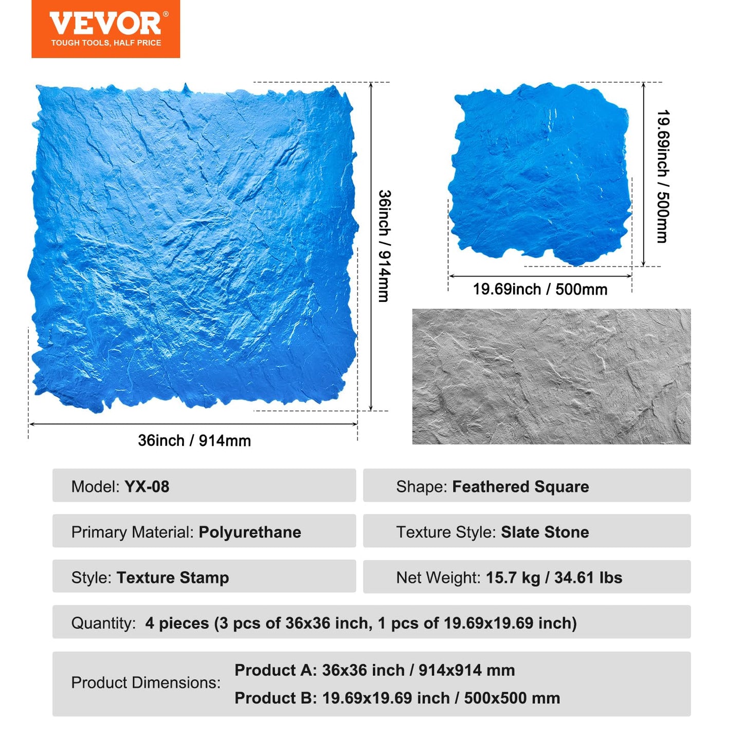 VEVOR Concrete Stamps Mat, 36 x 36 in & 18 x 18 in, 4 pcs Concrete Texturing Skin Polyurethane Stamp Stone Tile Texture Mat, Slate floor Imprint Seamless Stamp Concrete Molds for Outdoor Decorative