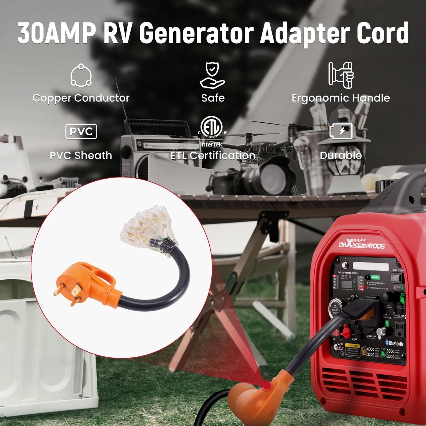 maXpeedingrods 4000 Watt Dual Fuel Inverter Generator with Bluetooth® Control Start, with RV Power Adapter Cord 15Amp to 30Amp, NEMA 5-15P to TT-30R